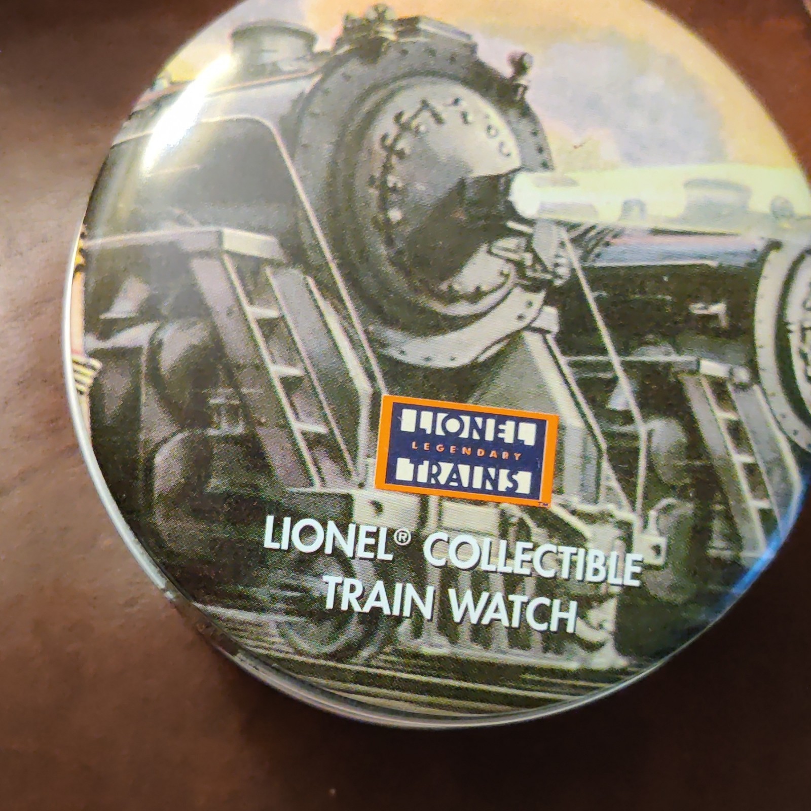 Lionel Train Theme Quartz Analog Watch Gold Tone Case Brown Leather Strap Tin