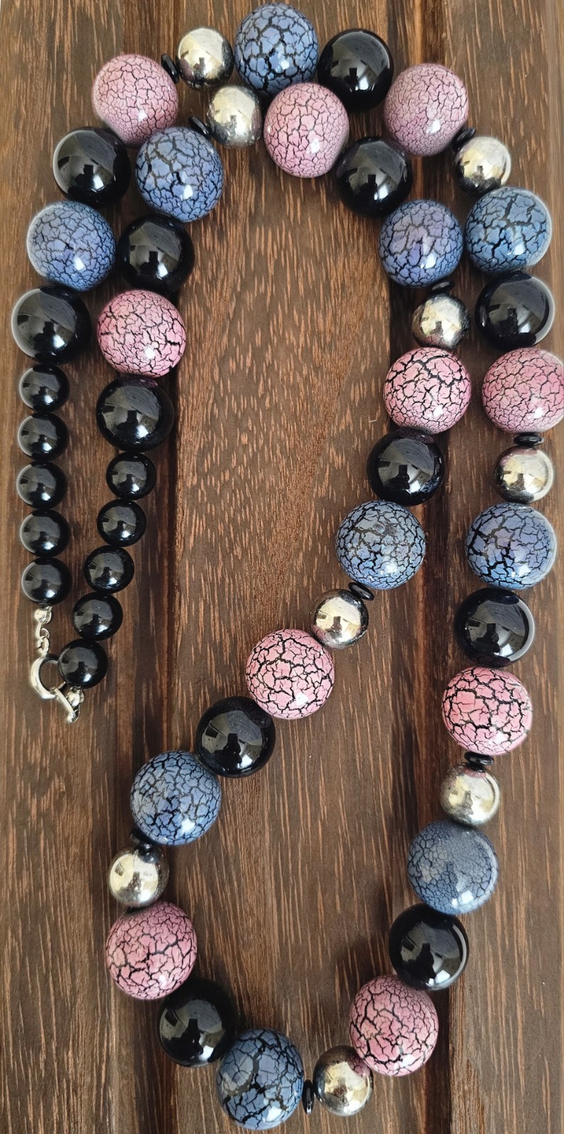 Vintage Japan Pink Blue Crackle Bead Black Glass Necklace 31″ 1950s-70s