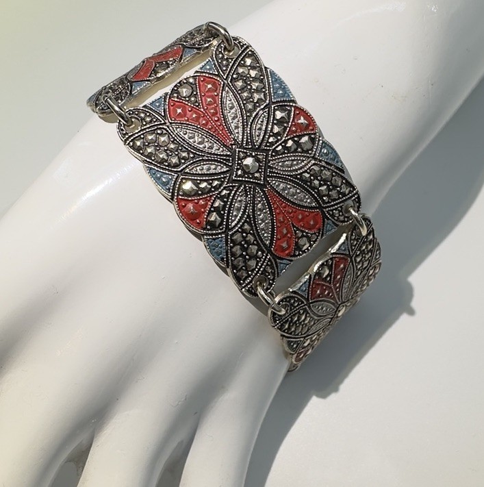 Vintage Art Deco Aluminum Enamel Panel Bracelet West Germany Size 7-9.5” Adj.