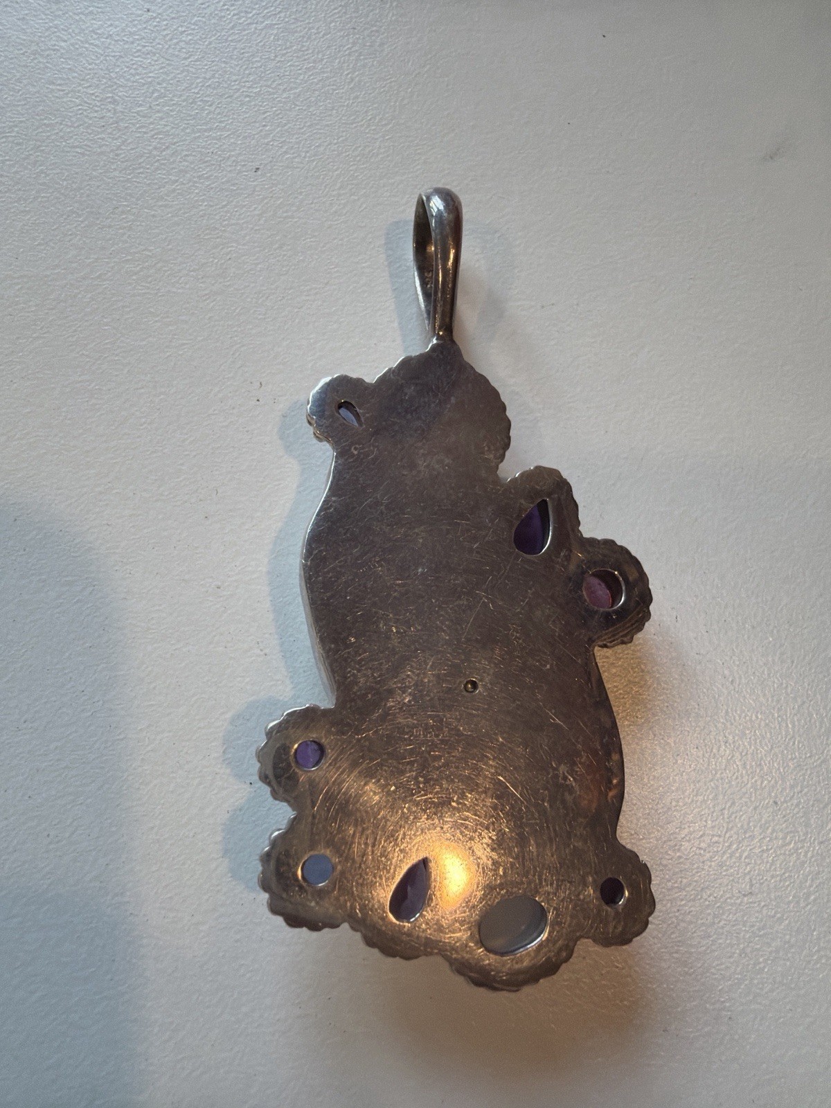 Sajen Sterling Silver Carved Mother of Pearl Cat Pendant Multi Gem Amethyst