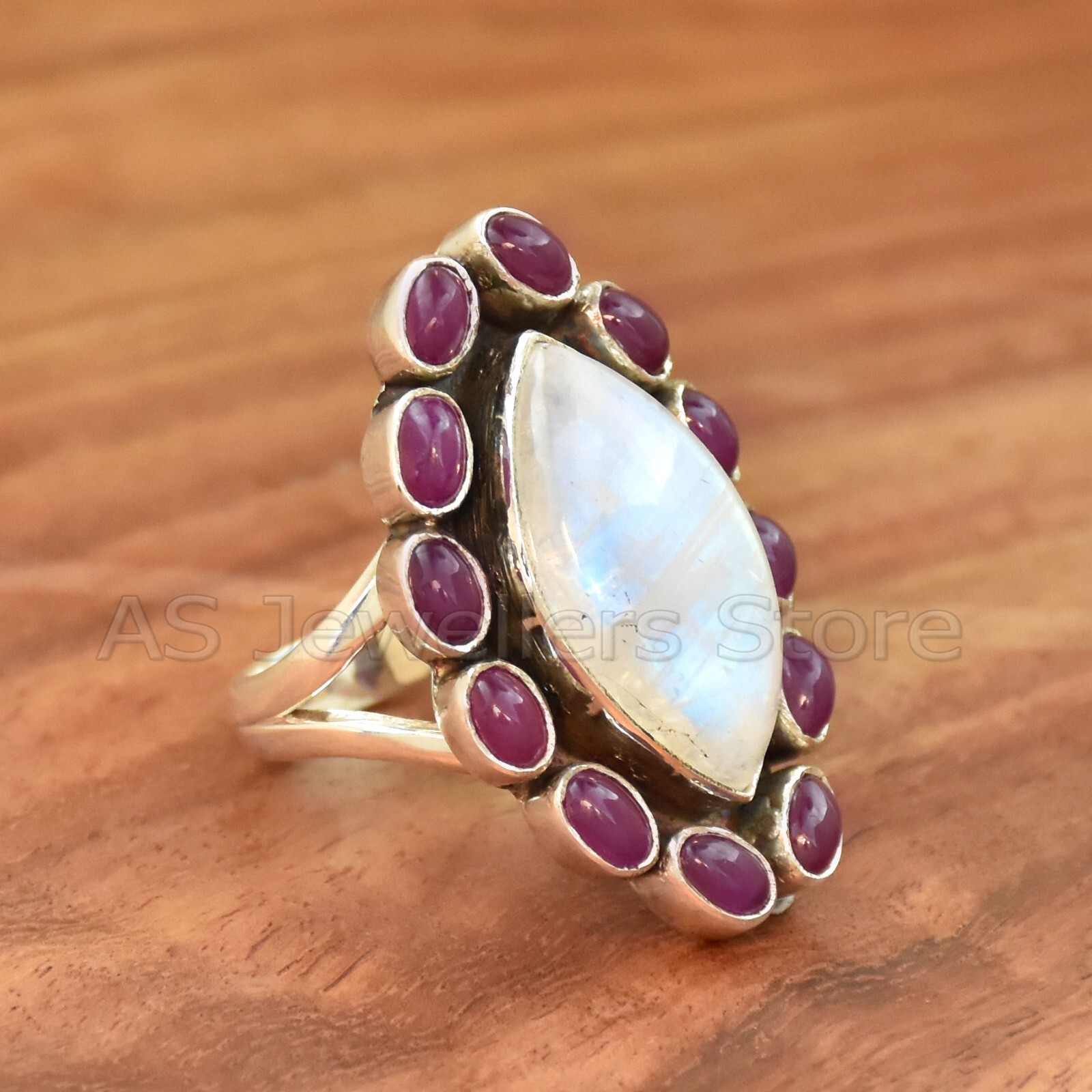 Moonstone & Natural Ruby Ring, 925 Sterling Silver Ring, Marquise Handmade Ring