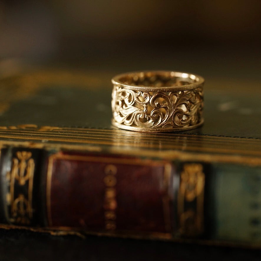 14K Gold Eternity Vine Engraved Band Stackable Bridal Women Ring Gift Ideas Her