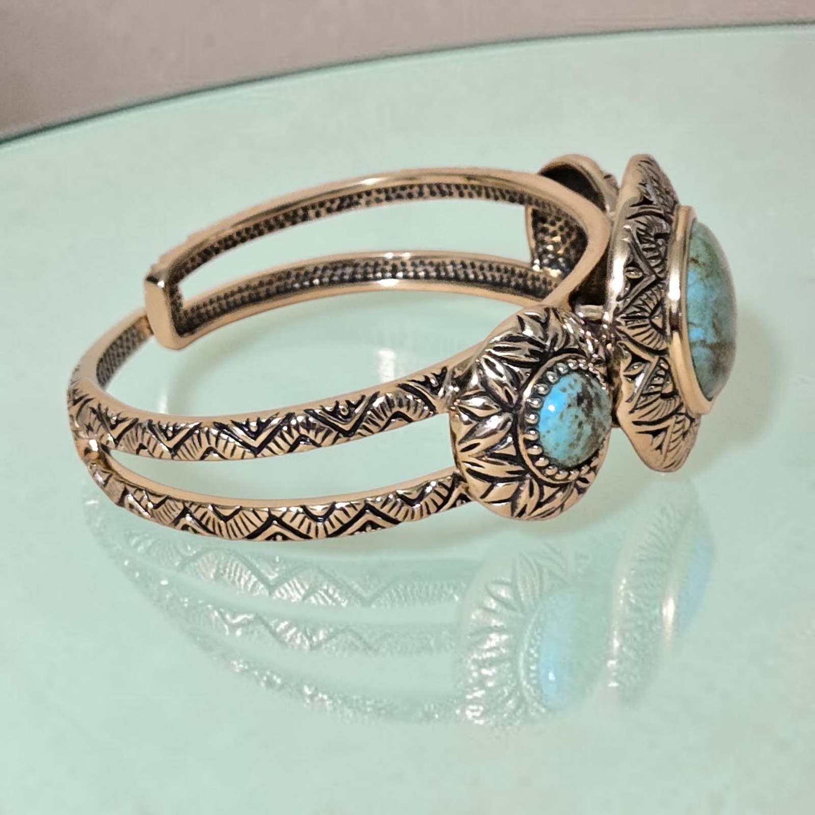 Barse Studio Gold Bronze 3 Turquoise Cuff Bracelet Southwest Jewelry Mayan