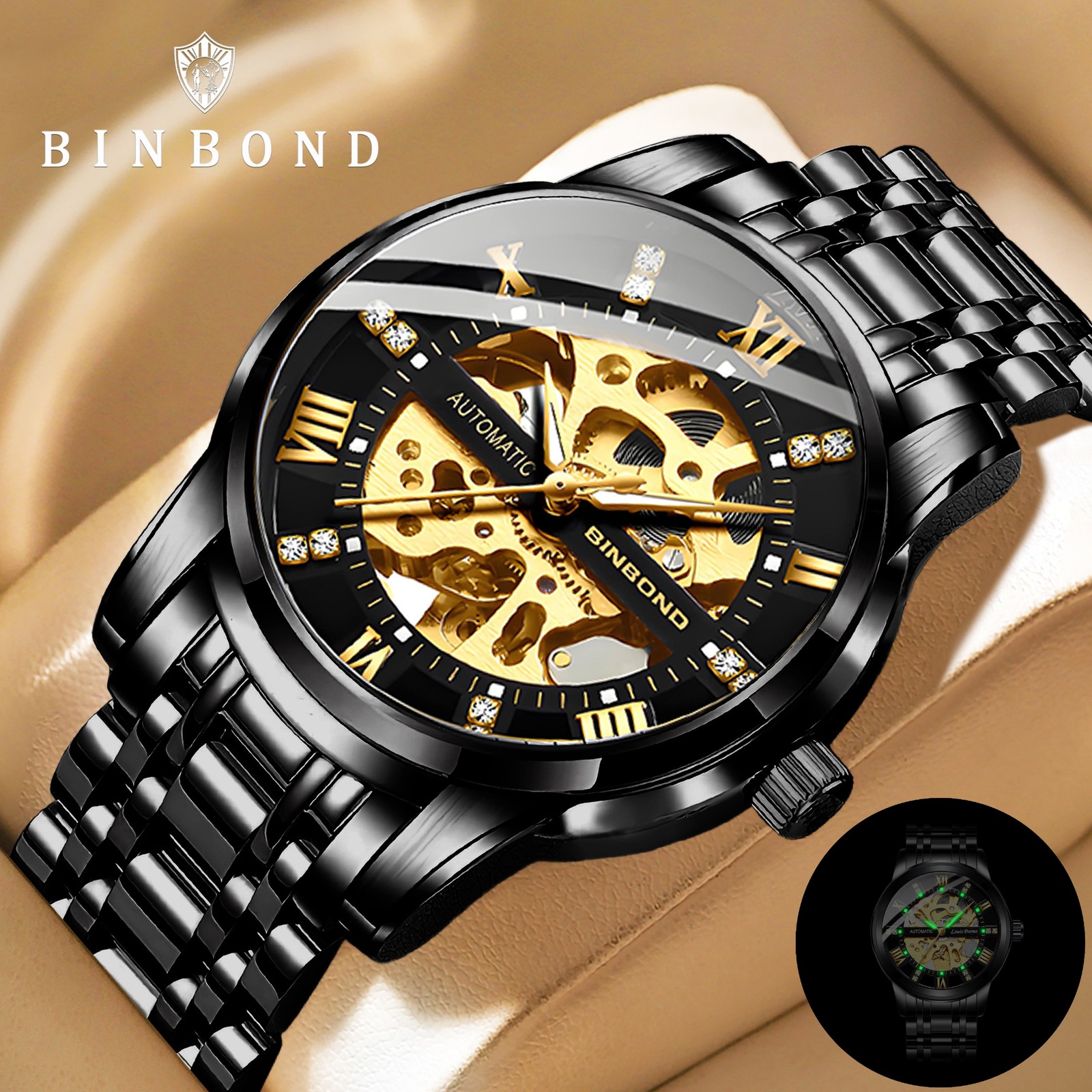 Luxury Men’s Stainless Steel Gold Tone Skeleton Automatic Mechanical Wrist Watch