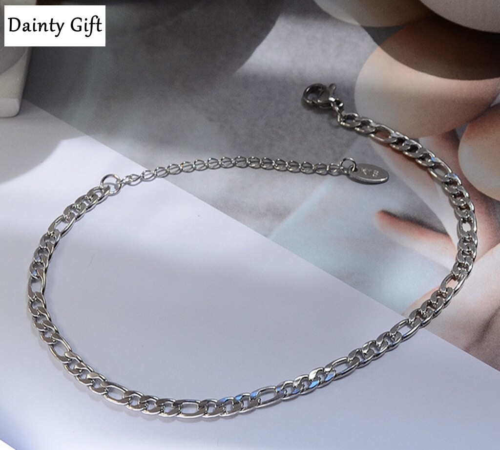 Women Girl Titanium Stainless Steel 3.5 mm Figaro Chain Anklet Bracelet 8-9.75″