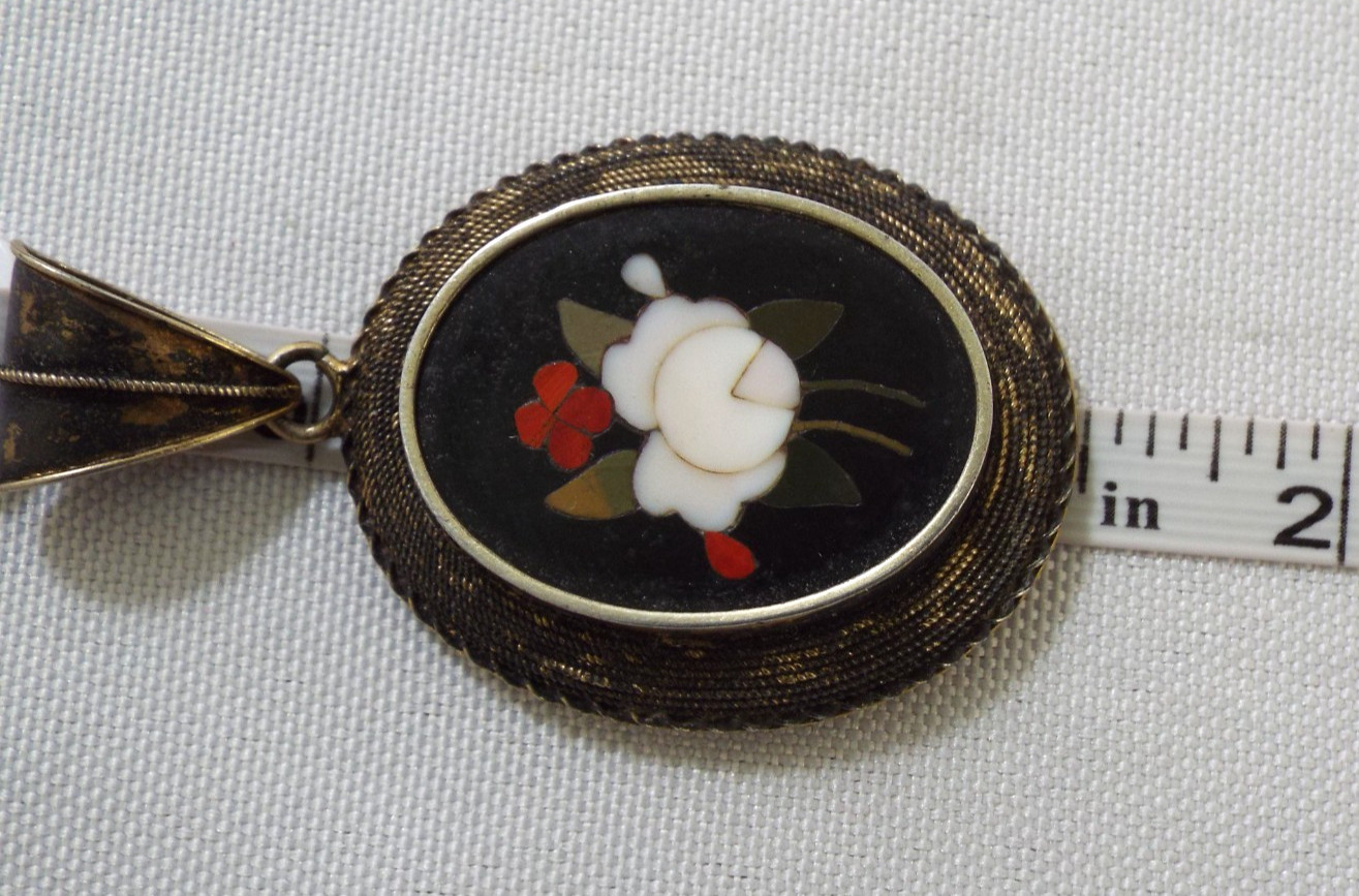 Antique Italian Pietra Dura Inlaid Mosaic 2 Sided Pendant Sterling Silver 12.1g
