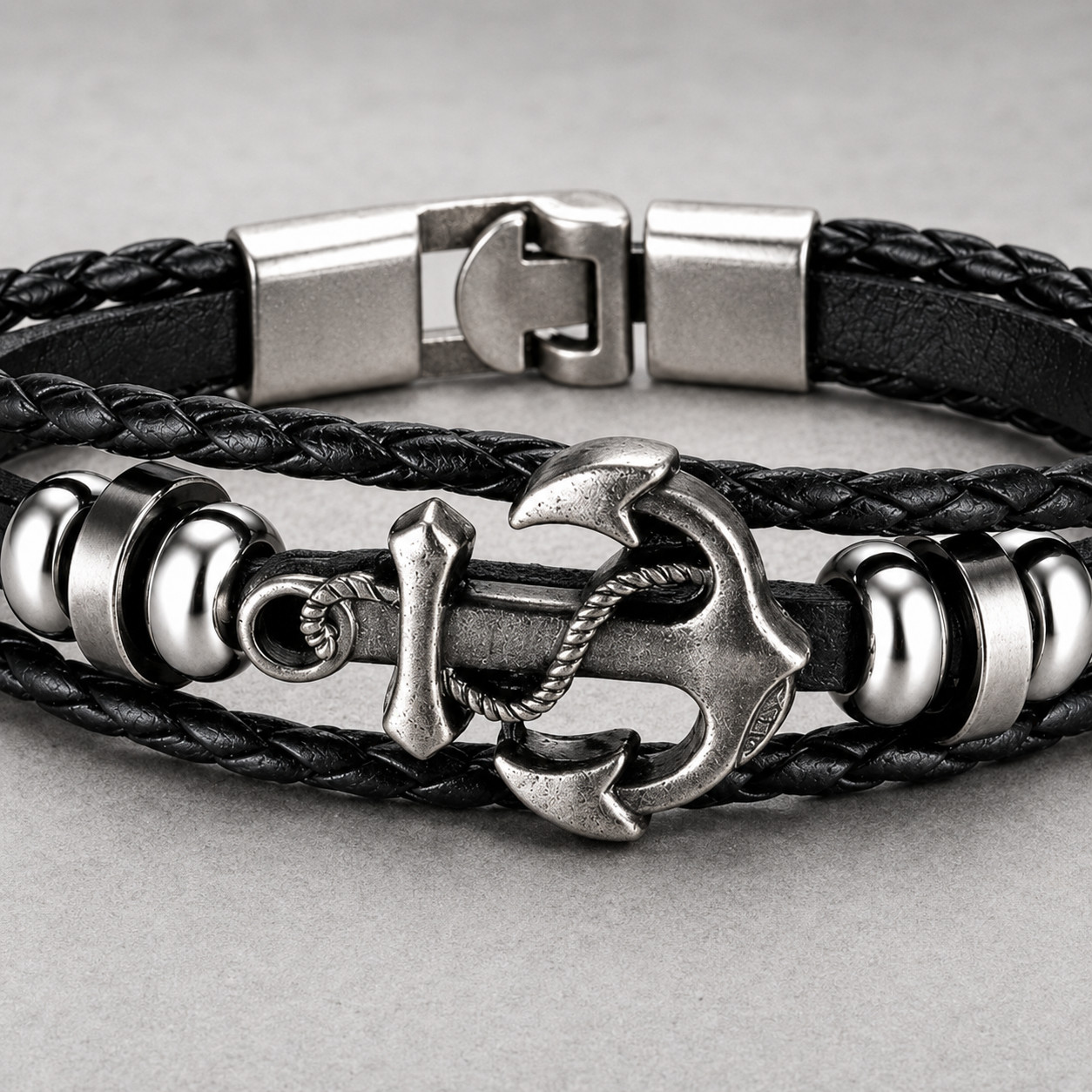 Men’s Black Layered Leather Bracelet Silver Anchor Nautical Vintage Style