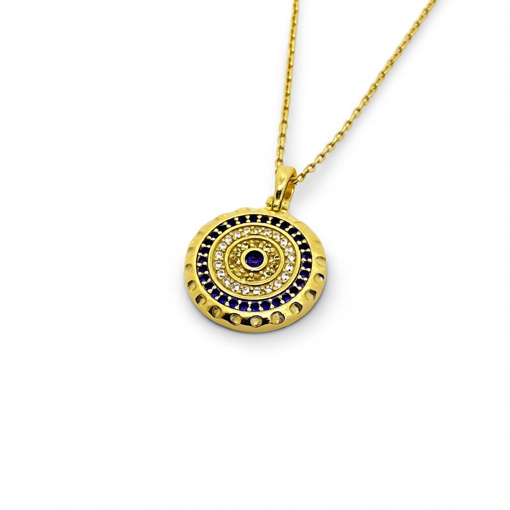 14k Gold Evil Eye Necklace Lab-Created Sapphire Diamond Pendant Protection Jewel