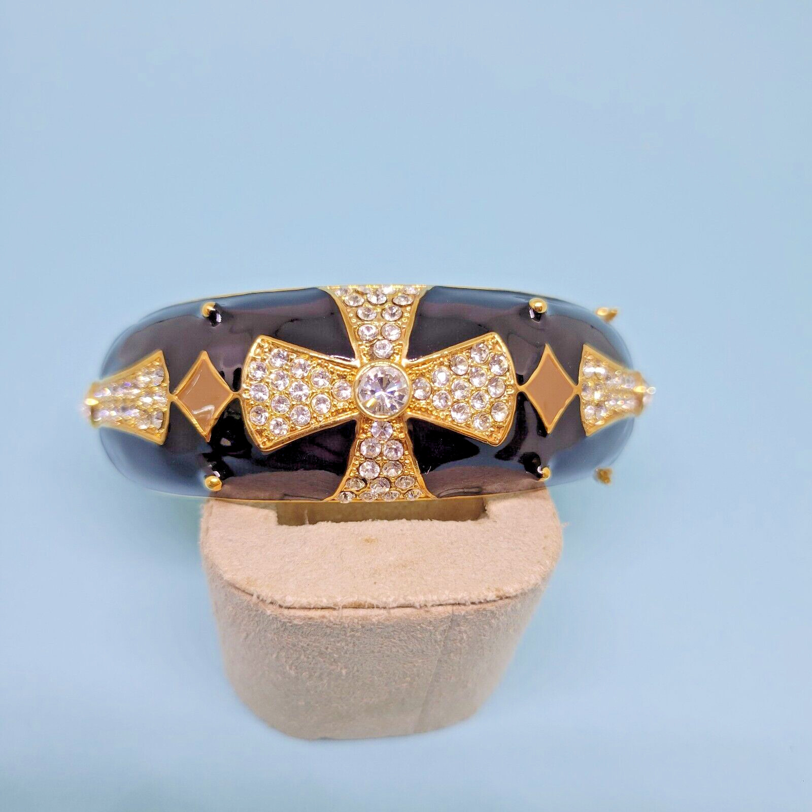 Joan Boyce Gold Tone Black Enamel Crystal Maltese Cross Hinged Bangle Bracelet