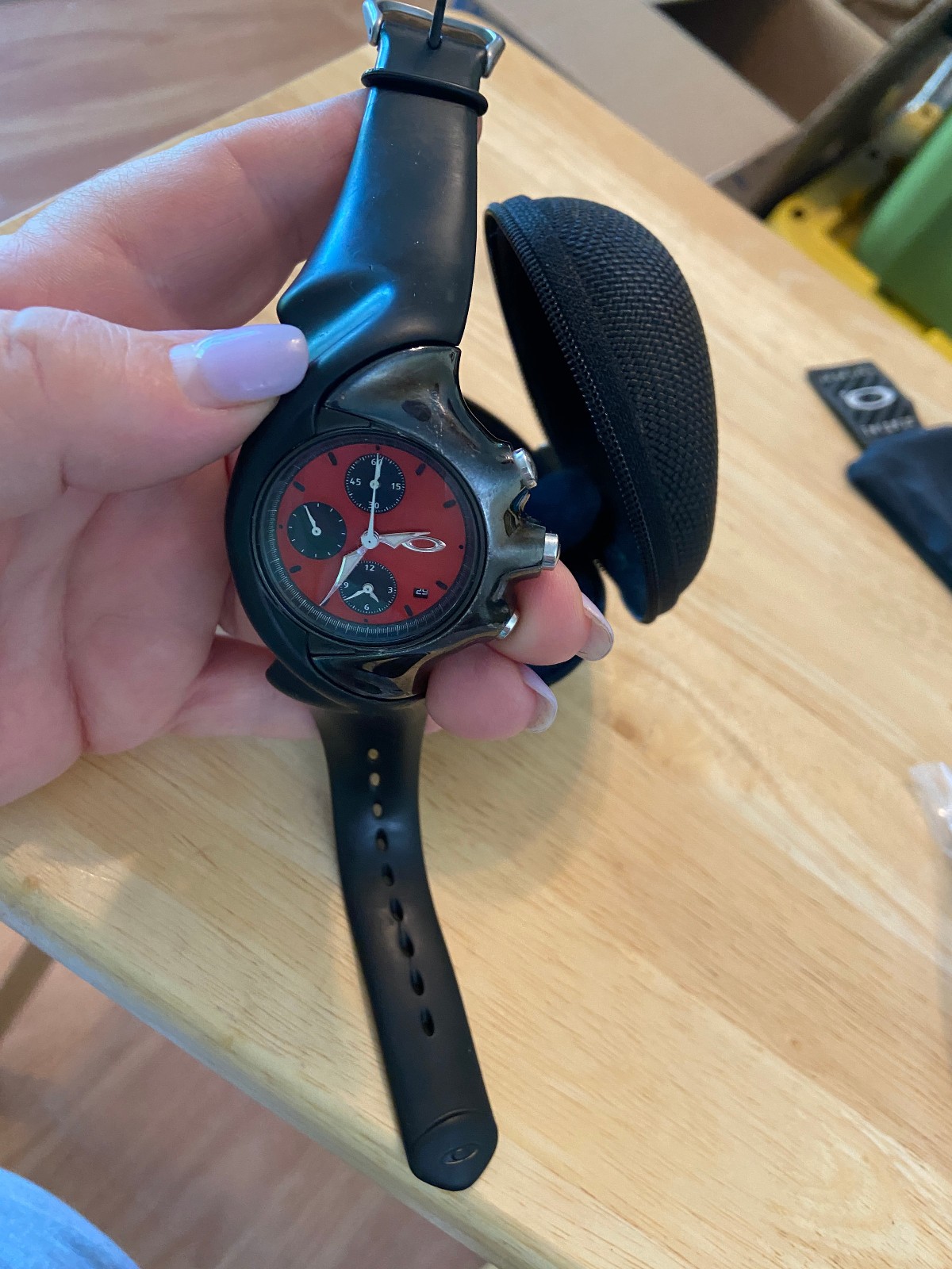 Oakley Detonator Watch Chronograph Unobtainium Strap RARE RED DIAL Needs Battery