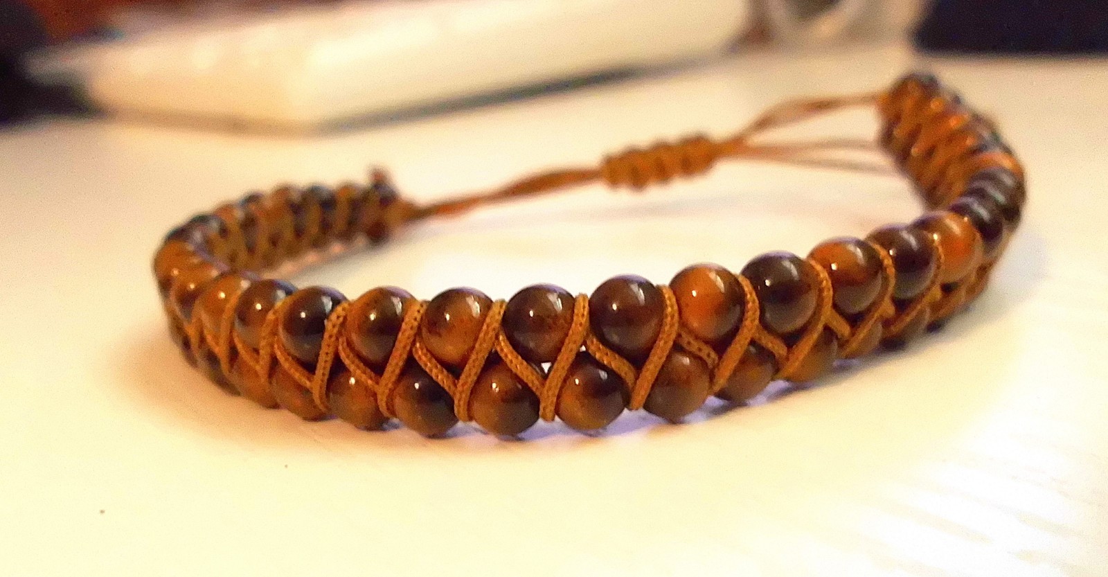 TIGER EYE TEARDROP SHAPED CRISS/CROSS ADJUSTABLE DRAWSTRING UNISEX BRACELET NEW