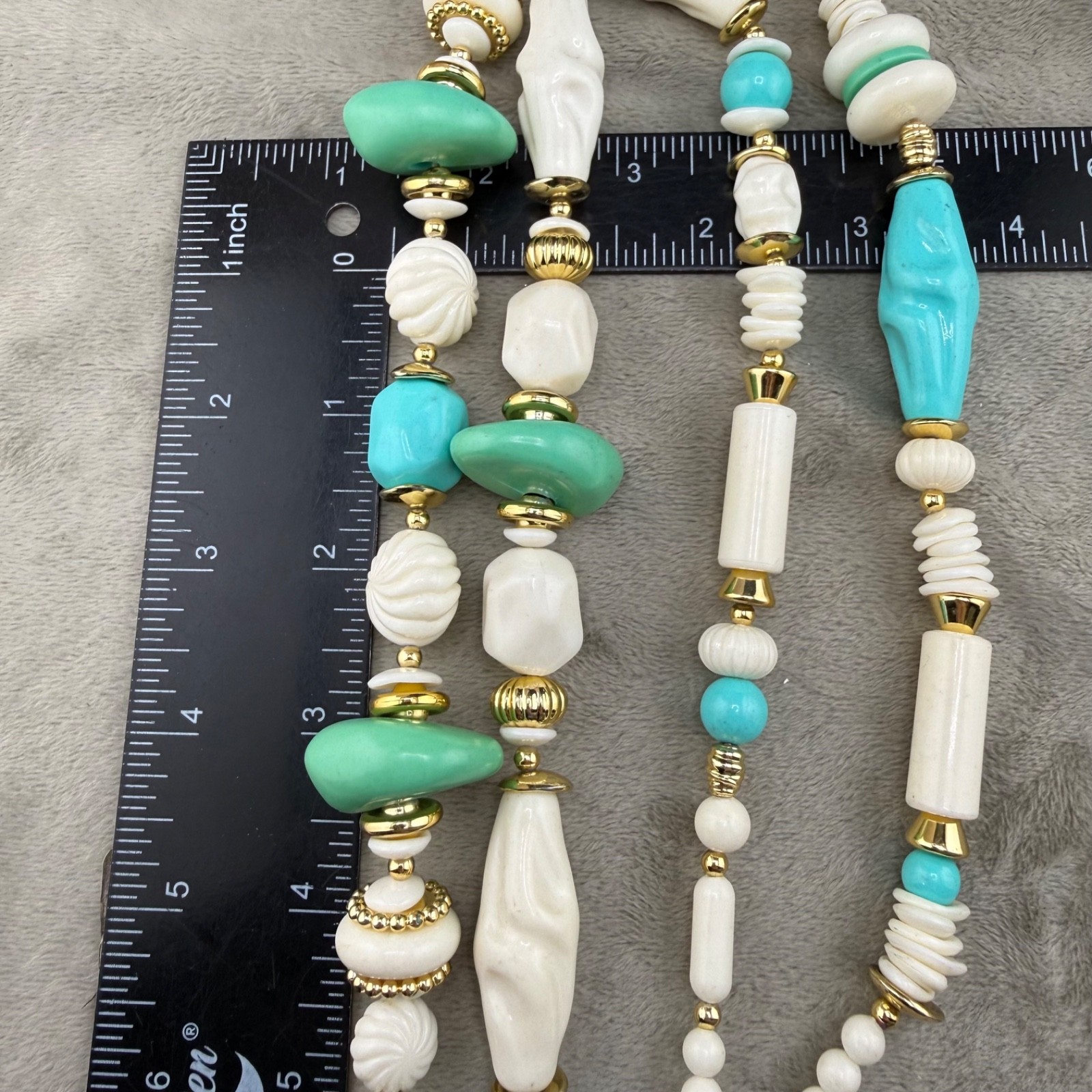 Vintage Beaded Layered Necklace Chunky Blue Green Gold Tone 30″