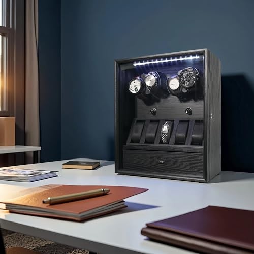 ORYX Automatic Watch Winder 4+5 Storage Premium Wood LED Light USB Power