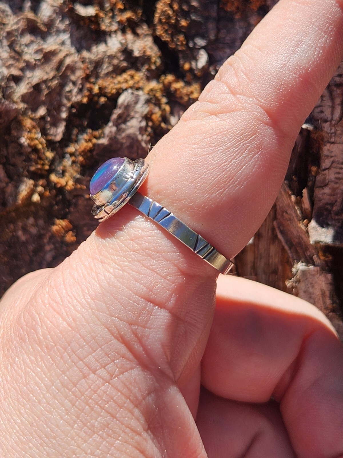 Aurora Opal Handmade Sterling Silver 925 Round Ring, Size 9 Pink Purple