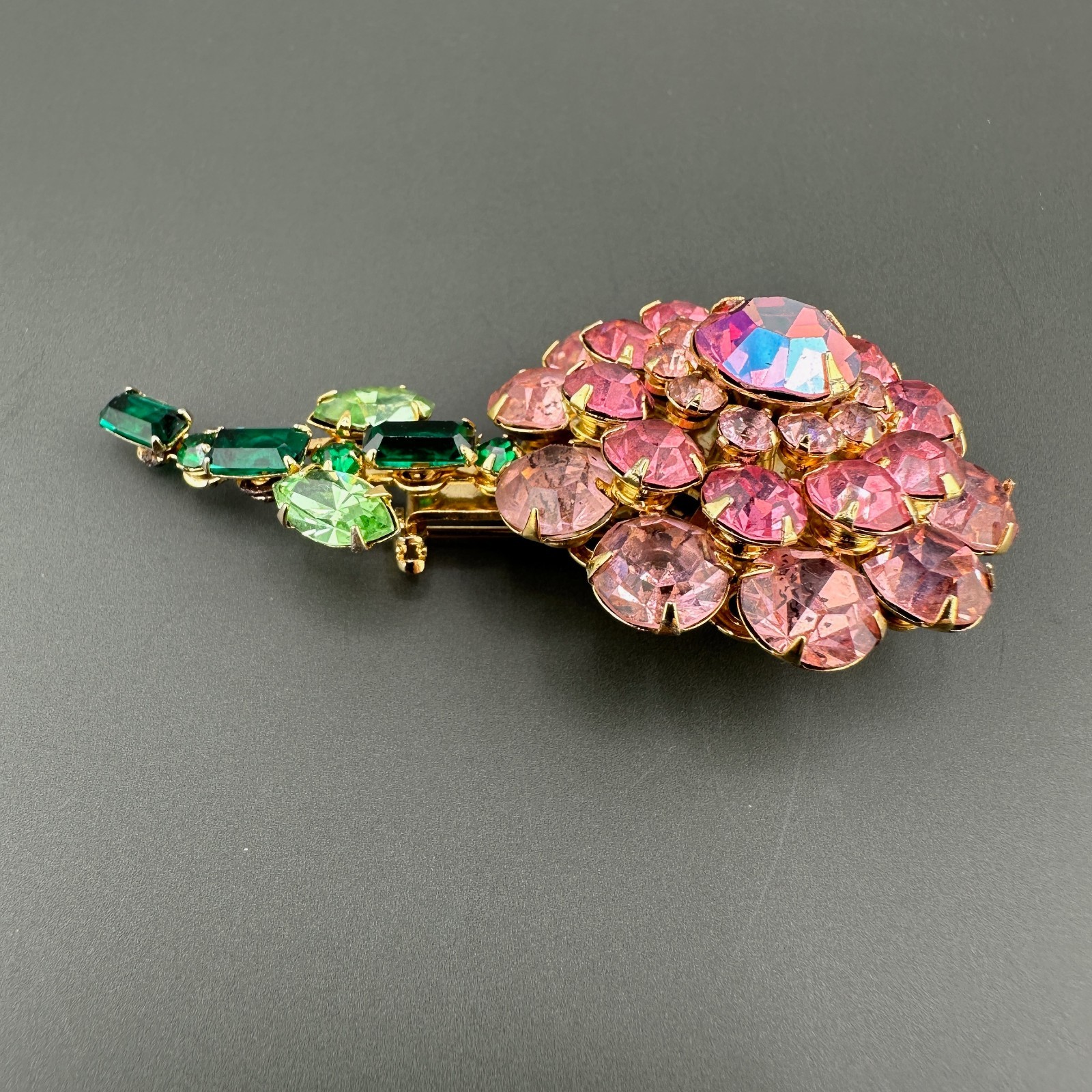 Vintage Judy Lee Rhinestone Flower Brooch Shades of AB Pink Green Long Stem READ