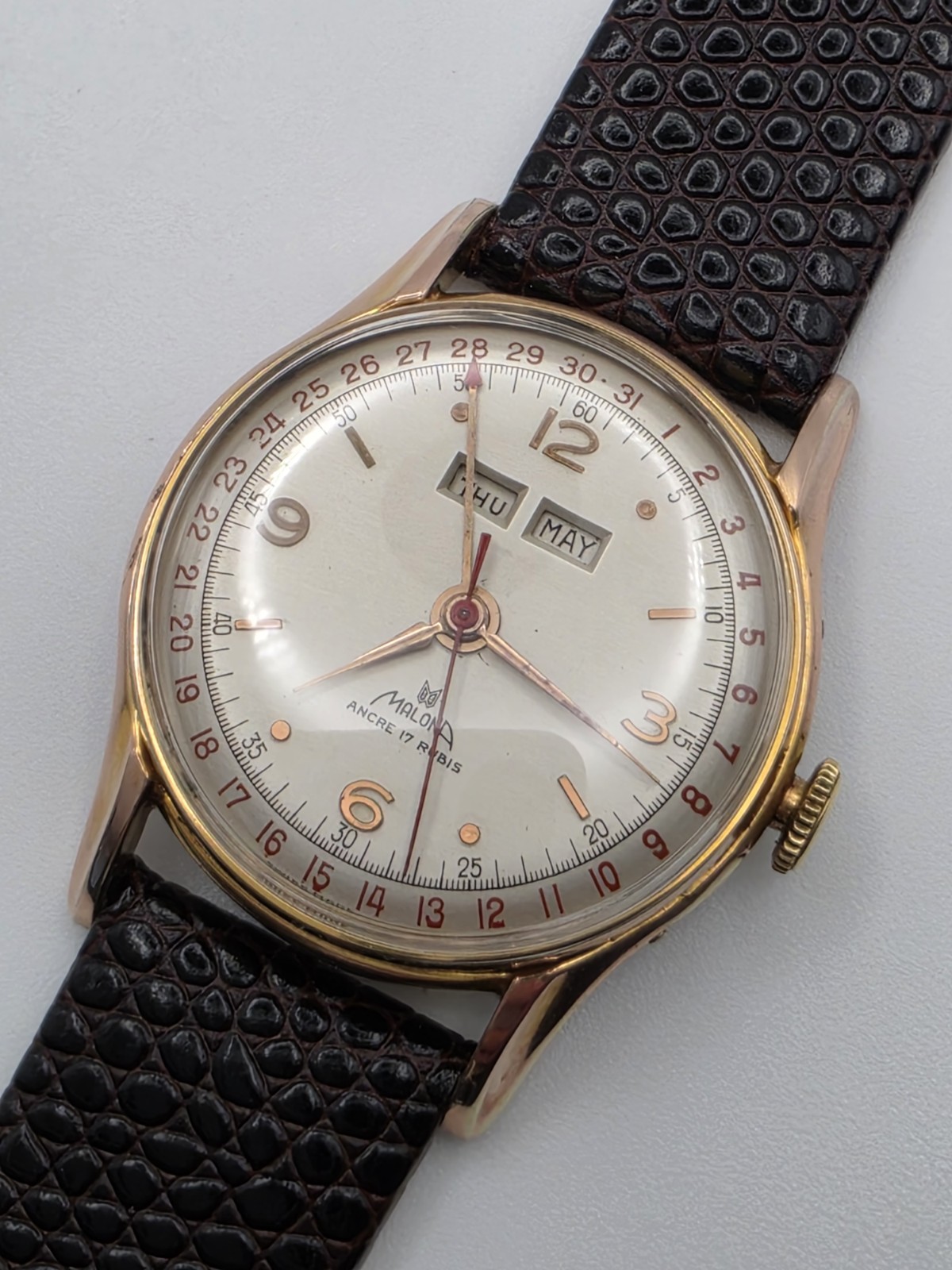 Vintage Swiss Triple Calendar Manual Wind Watch Malona 17J 40’s excellent