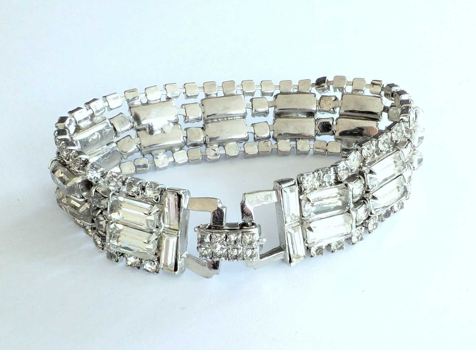 Fabulous Vintage Sparkling Clear Rhinestone Wide Bracelet Fold Over Clasp