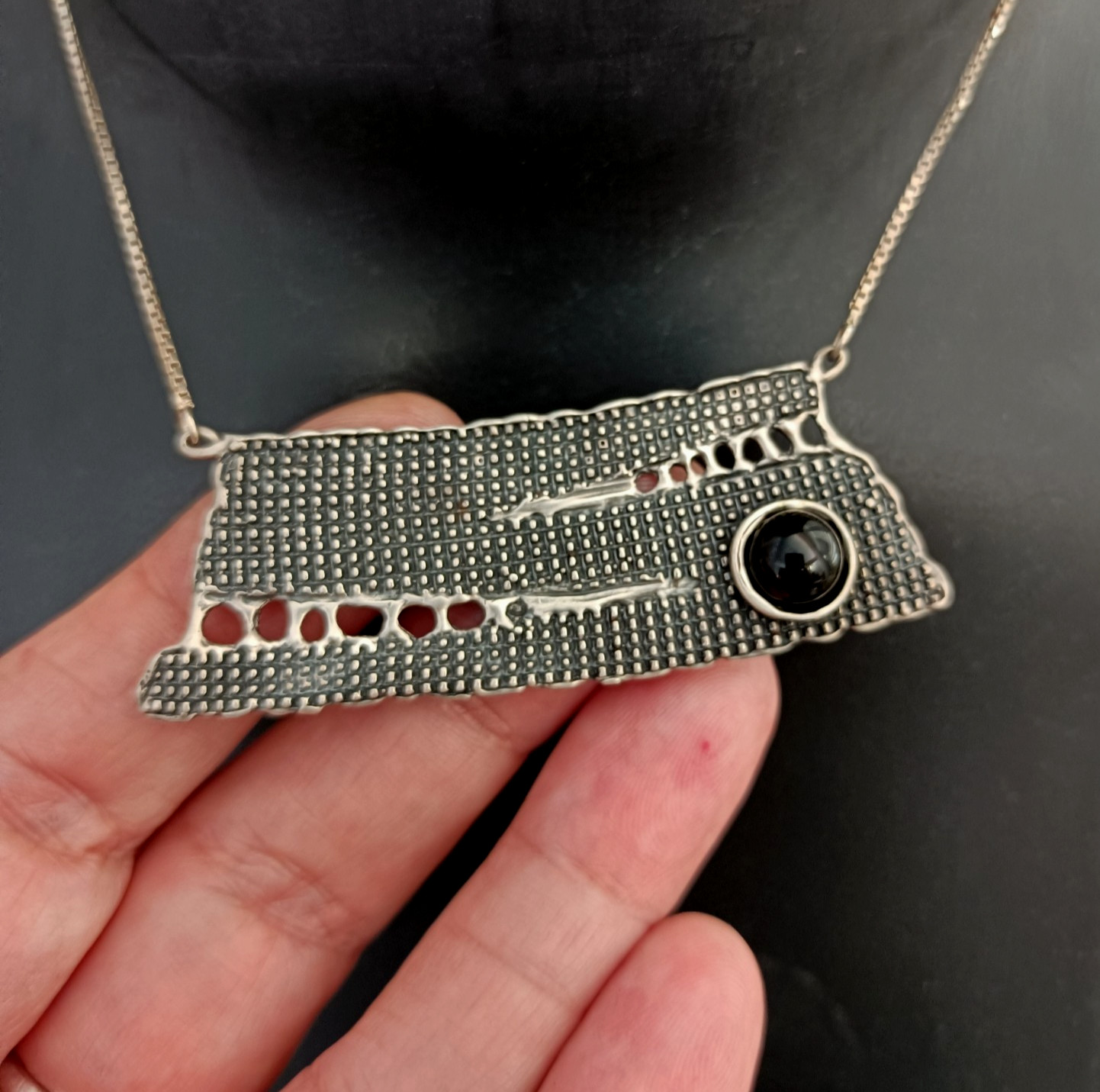 Modernist Silver Necklace Israel Artisan Onyx Abstract Expressive Studio Vintage