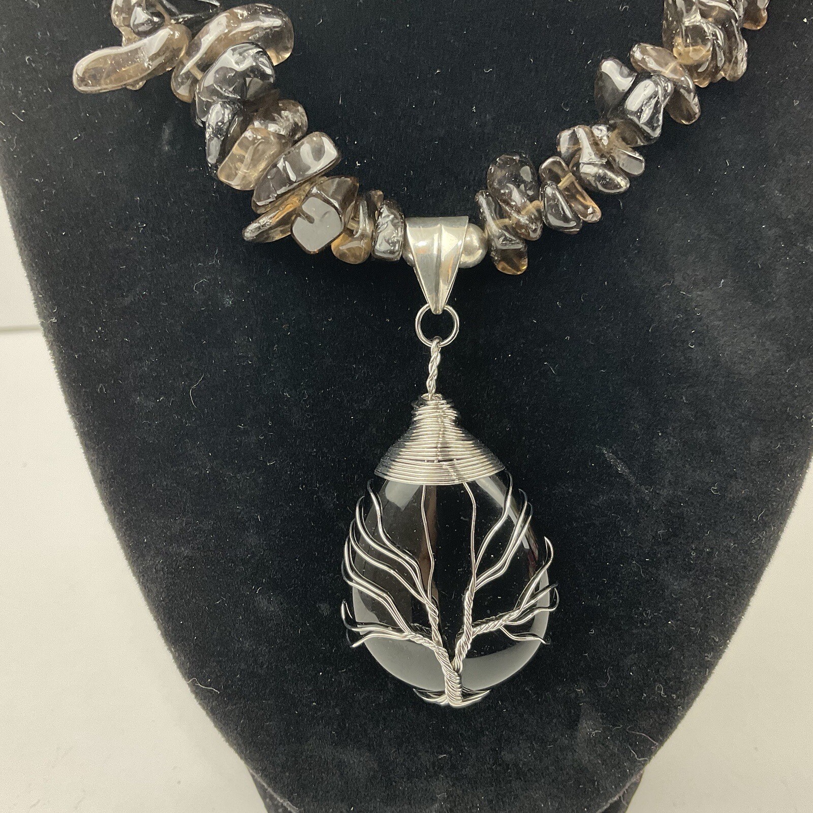 Artisan Obsidian Tree of Life Sterling Wrapped Pendant Smokey Quartz Necklace