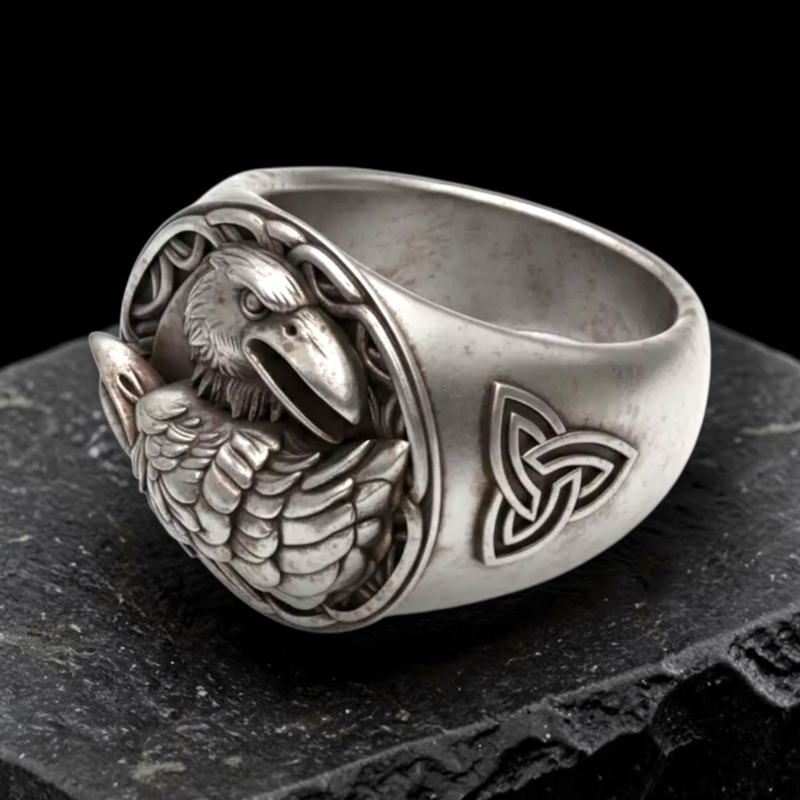 Sterling Silver Viking Raven Ring, Odin Huginn Muninn Norse Signet, Celtic Knot