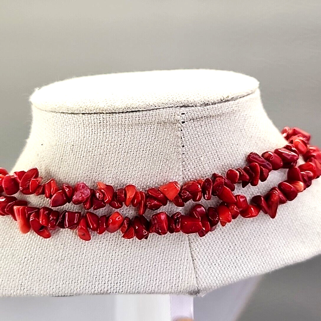 Necklace Red Dyed Coral Chip Beaded Polished Beach Sea Life 38″