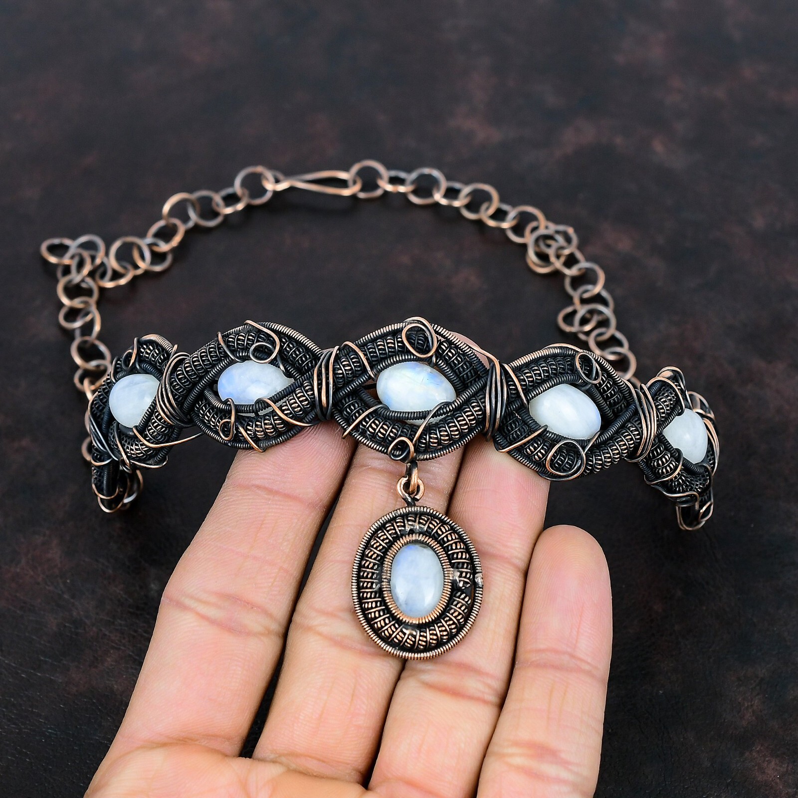 Rainbow Moonstone Wire Wrapped Chain Adjustable Necklace Copper For Girls 18.0″