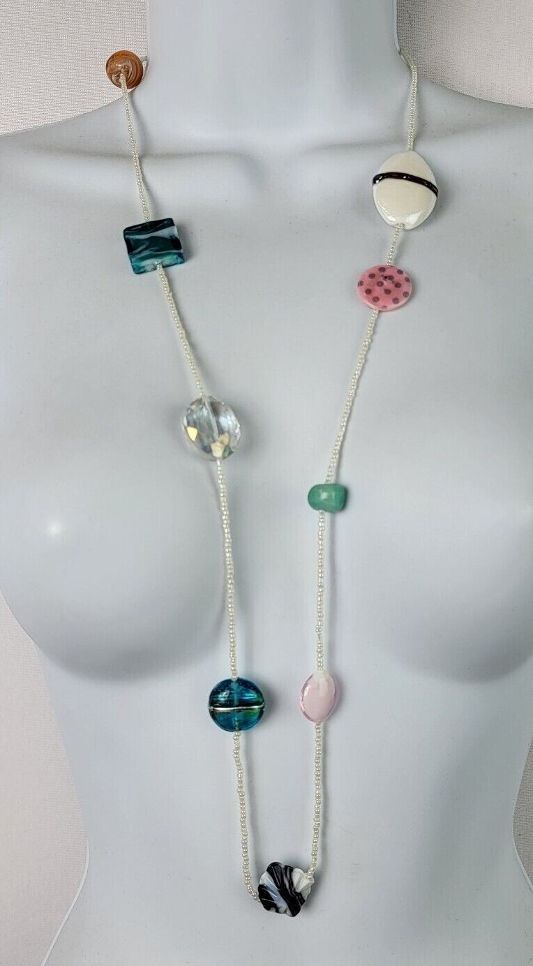 White Seed Bead And Multicolor Glass Station Necklace 32″ Continuous Strand
