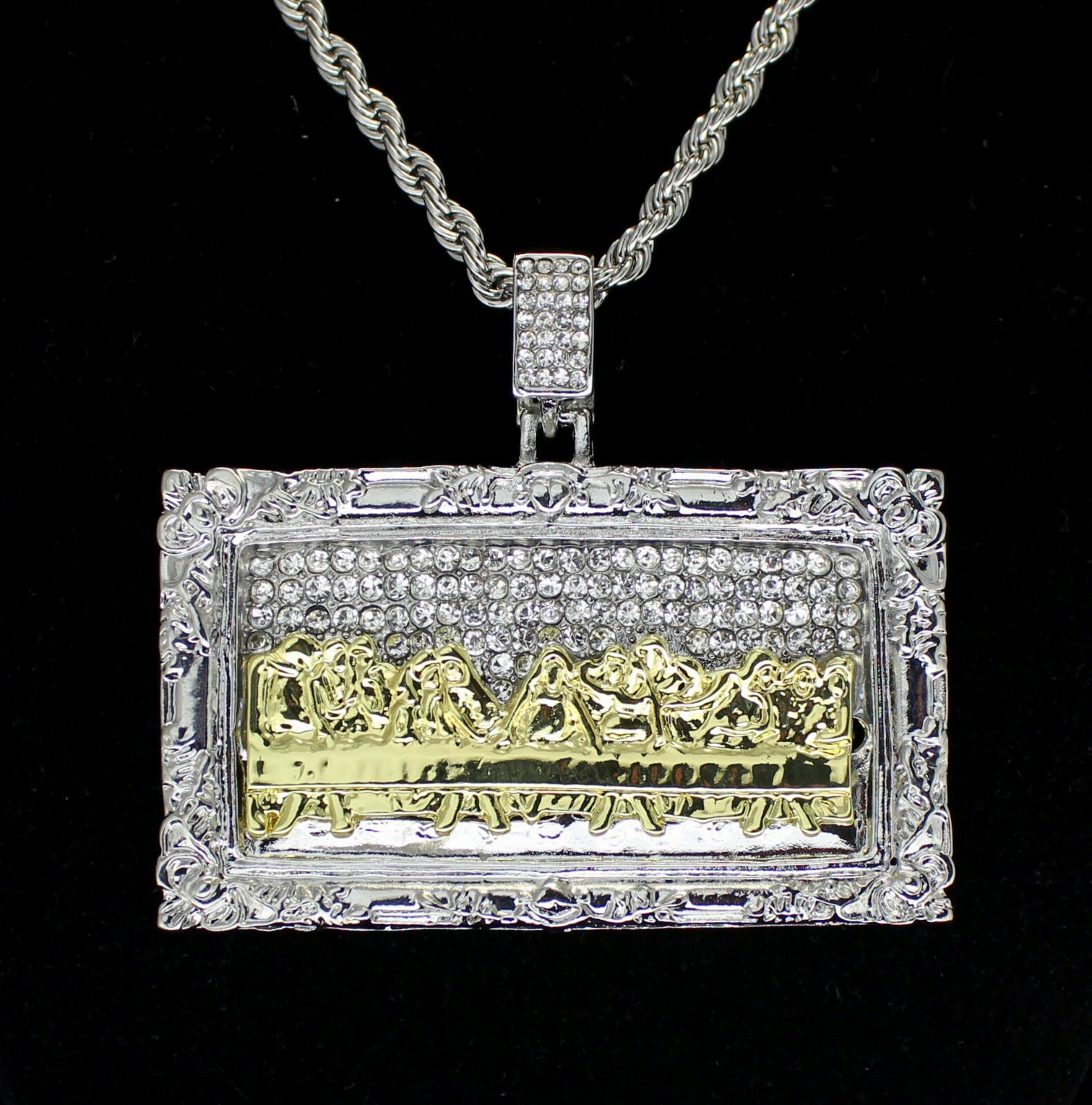 Two Tone XL Last Supper CZ Pendant 14k White Gold Plated 24″ Rope Necklace