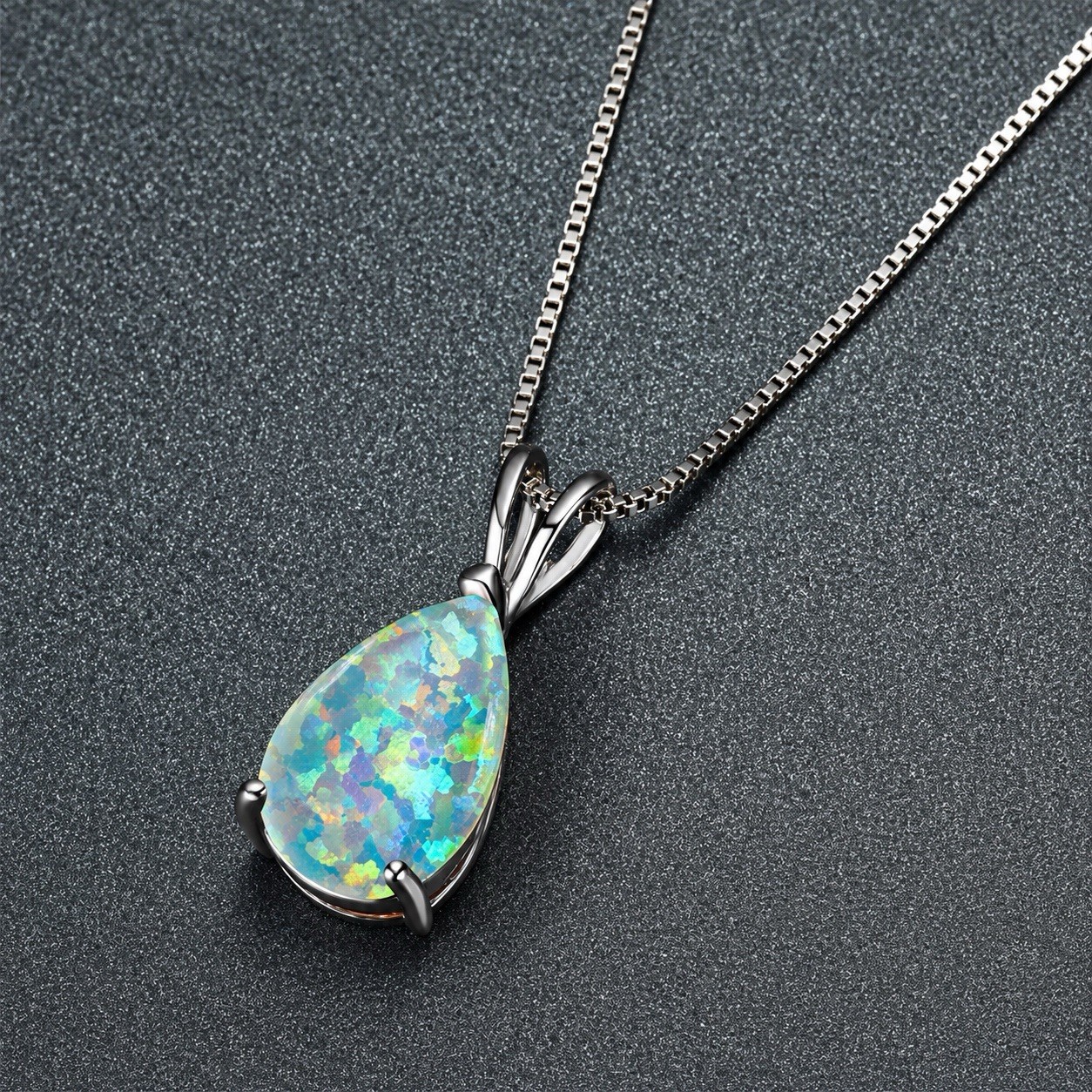 White Opal Stone Pendant Minimalist Droplet Fire Opal Necklace Sterling Silver