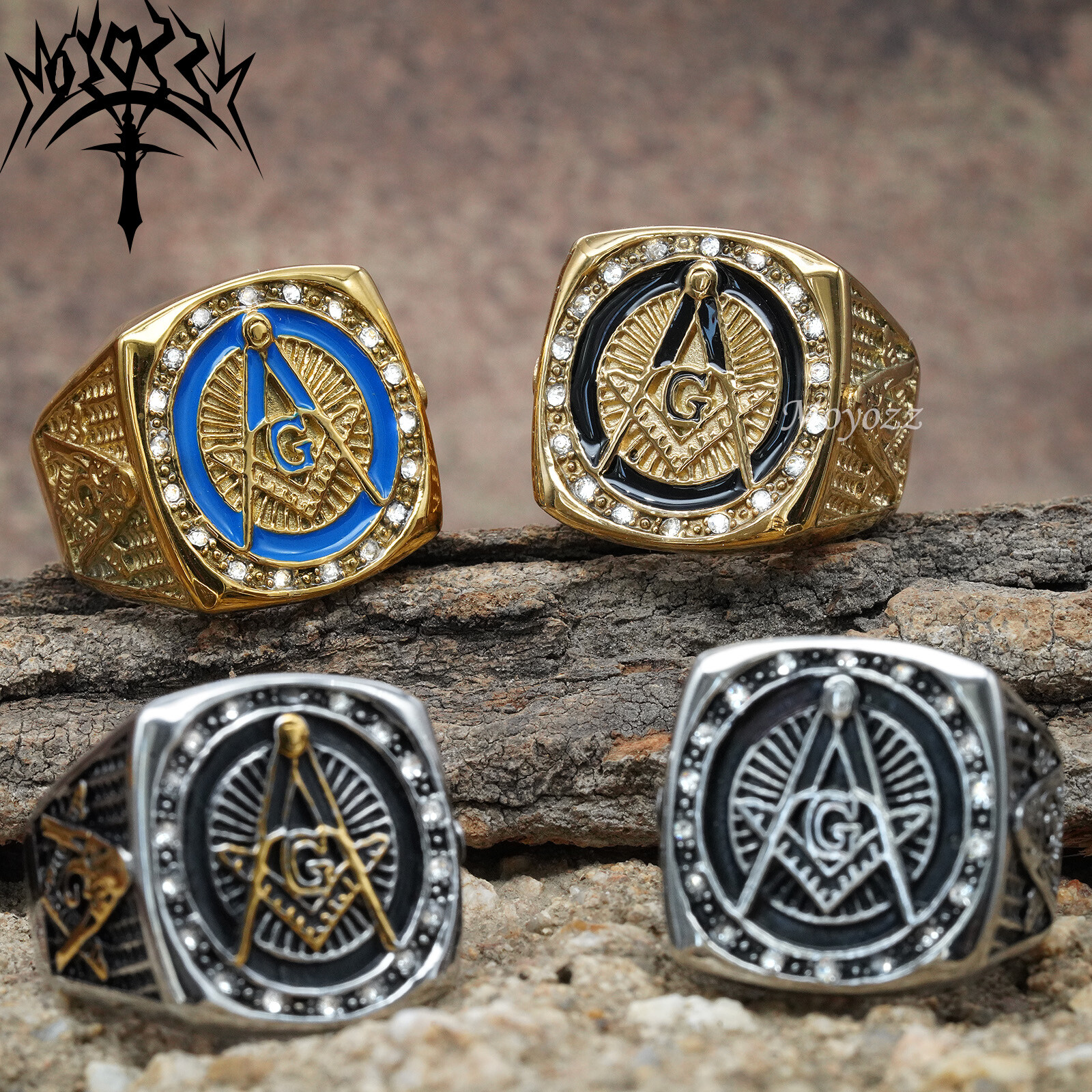 Masonic Ring Freemason Men’s Stainless Steel Crystal Gold Mason G Pillar Cross