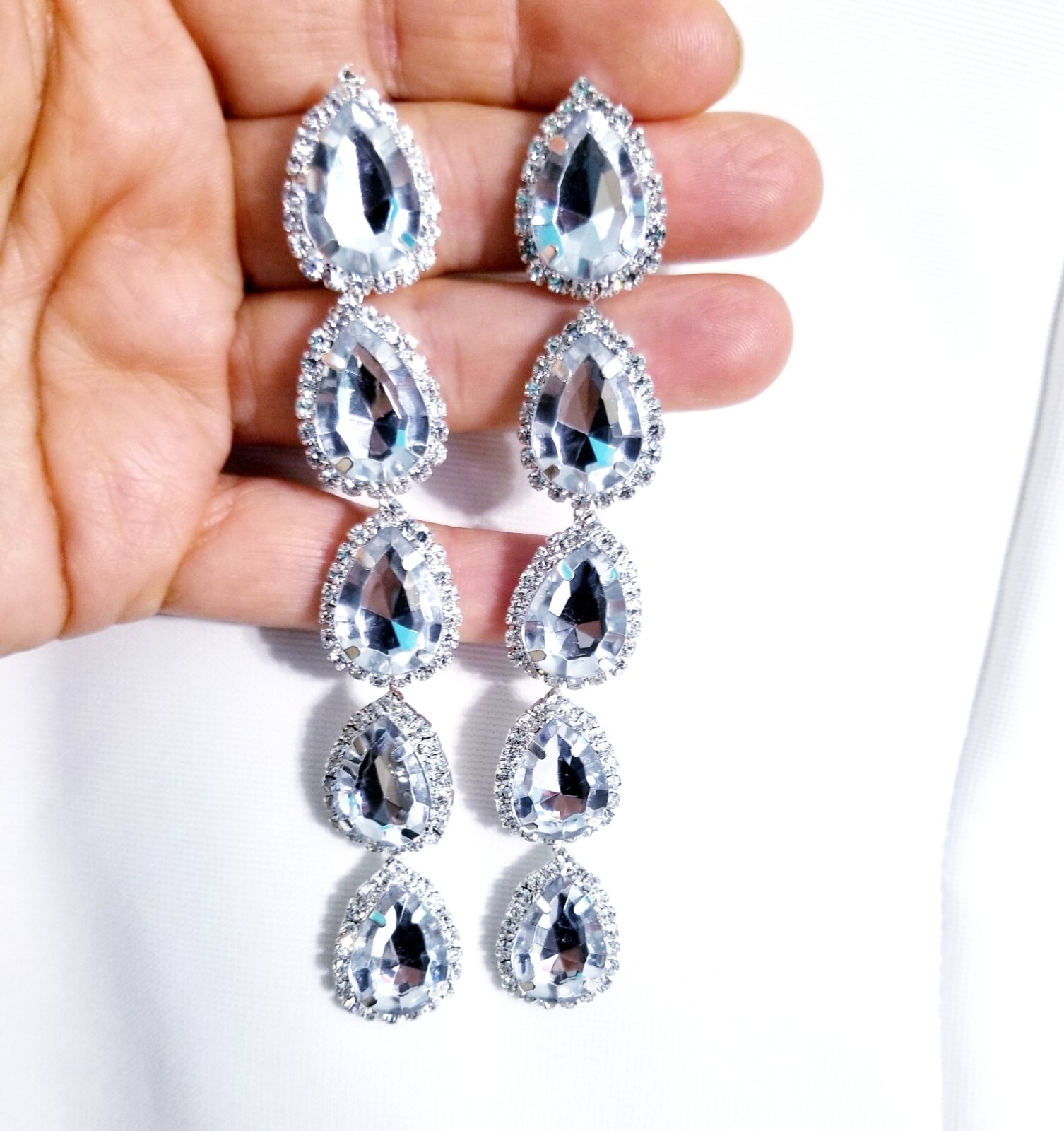 Bridesmaid Drop Dangle Chandelier Earrings 4.8 in Clear Rhinestone Pageant Prom