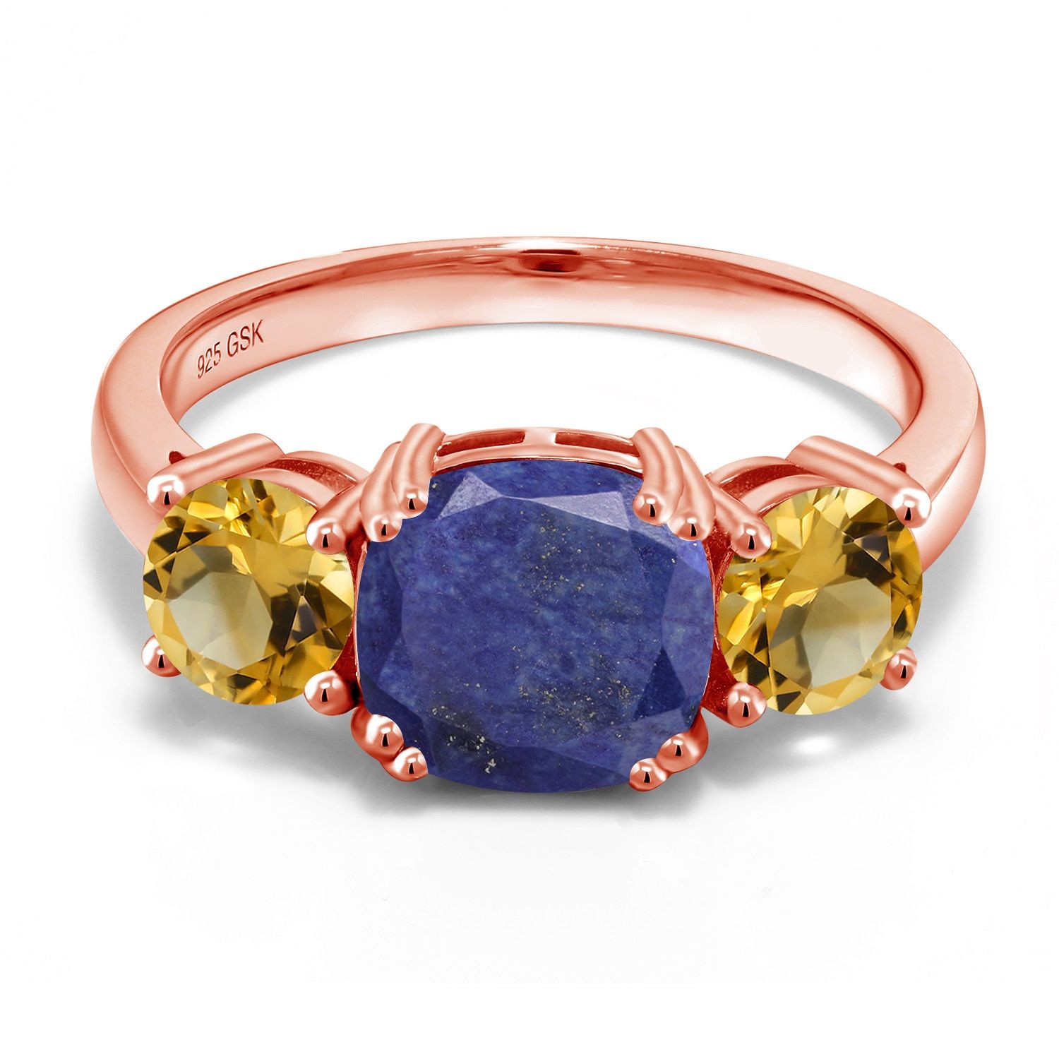 18K Rose Gold Plated Silver Blue Lapis and Citrine 3 Stone Engagement Ring For