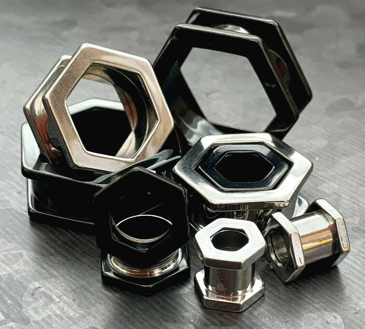 PAIR Hexagon Screw Fit Tunnels Plugs 316L Surgical Steel, Black or Silver