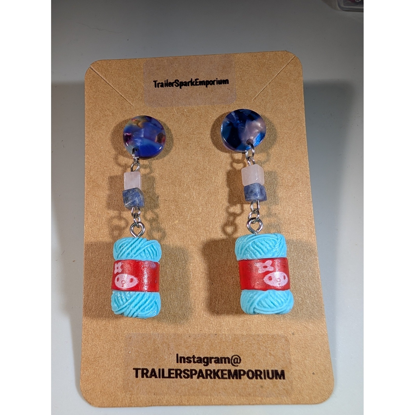 Handmade Yarn Skein Drop Earrings Blue Marbled Resin Nickel Free Crafty Jewelry