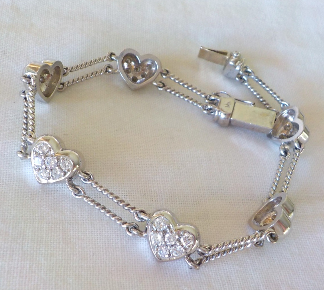 Quality 14K White Gold Heart Bar Diamond Bracelet – 16.6 gms, 6.7 in, 1.08 ctw