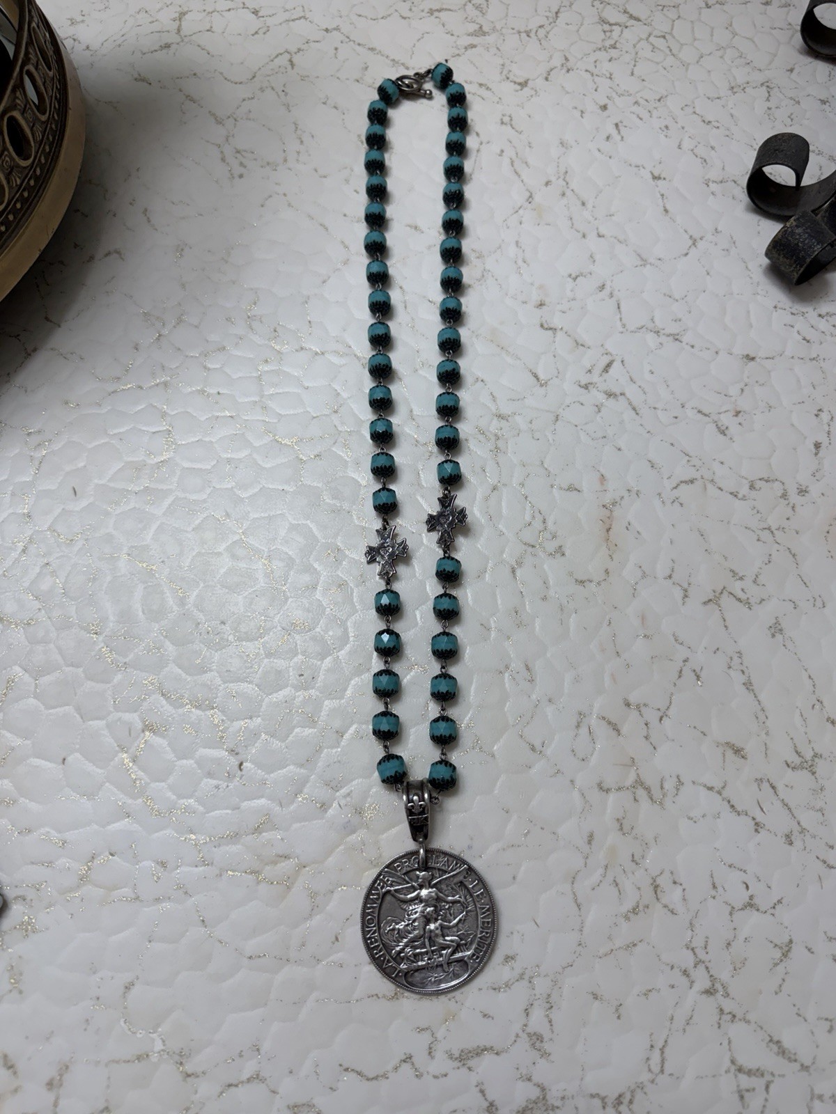 French Kande Turquoise Beads With Silver
