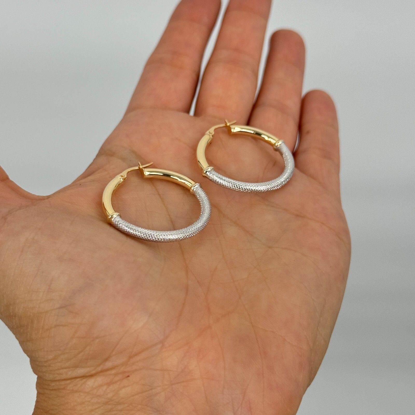 Italian 14k Yellow & White Gold Waffle Texure & Shine Hollow Hoop Earrings 1.2″