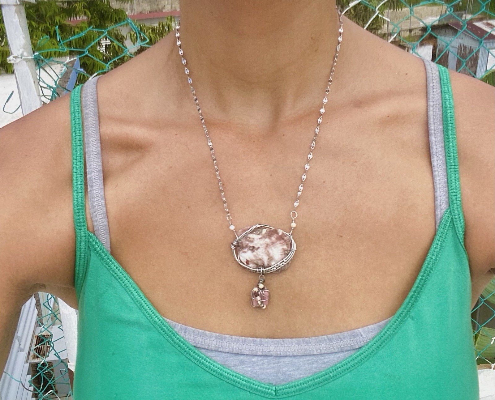 Handmade Aguadilla Seashell Necklace – Unakite & Jasper – Wire Wrapped Steel