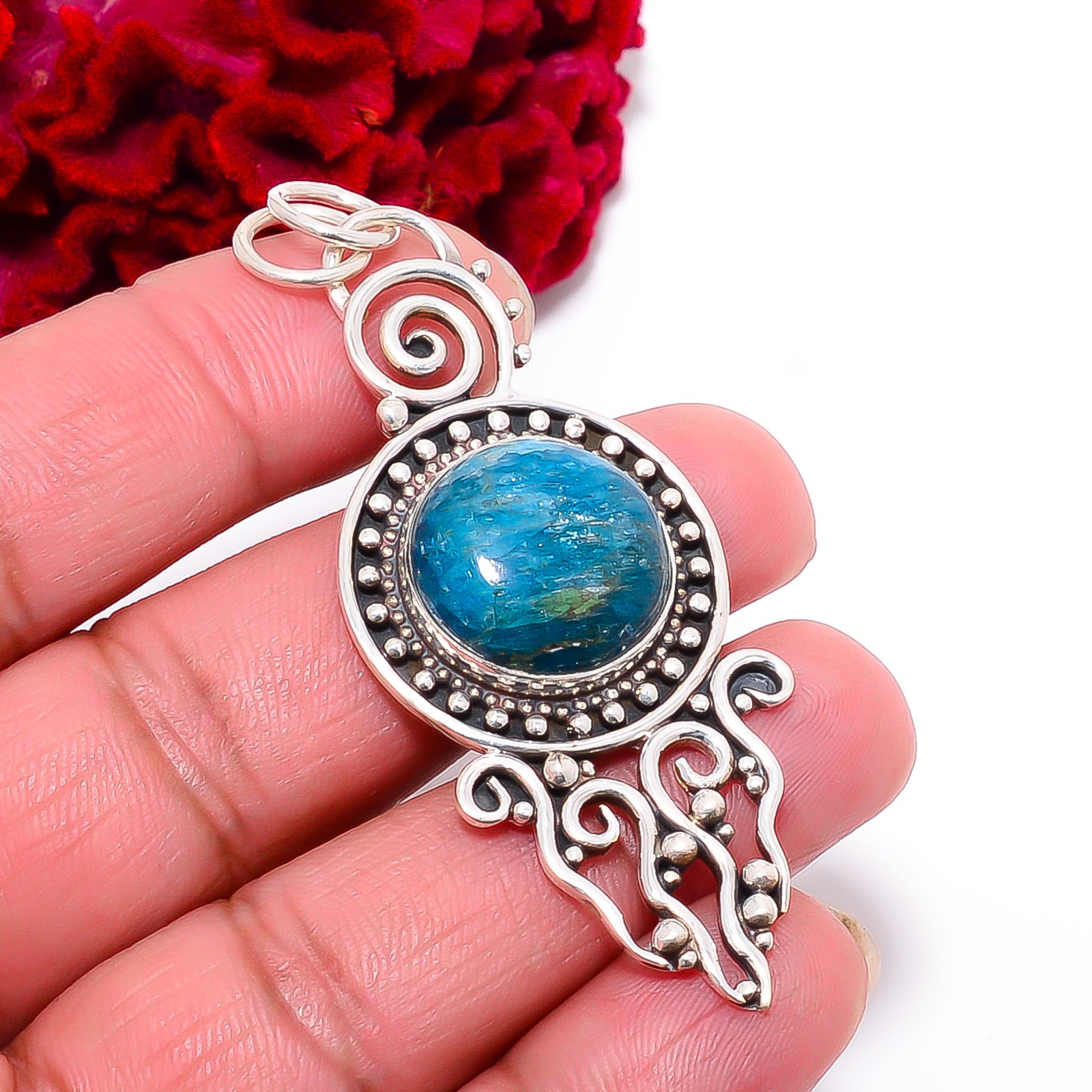 Neon Blue Apatite – Bahia Mines Handmade 925 Sterling Silver Pendant 2.38″ P6713