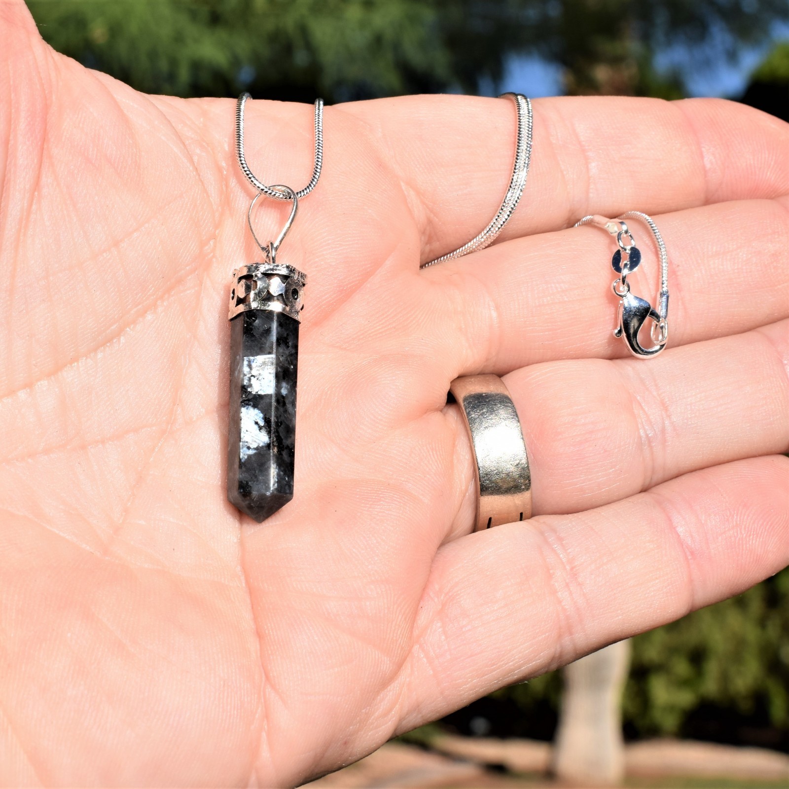 Charged Titanium Flash Larvikite Point Pendant + 20″ Stainless Steel Chain