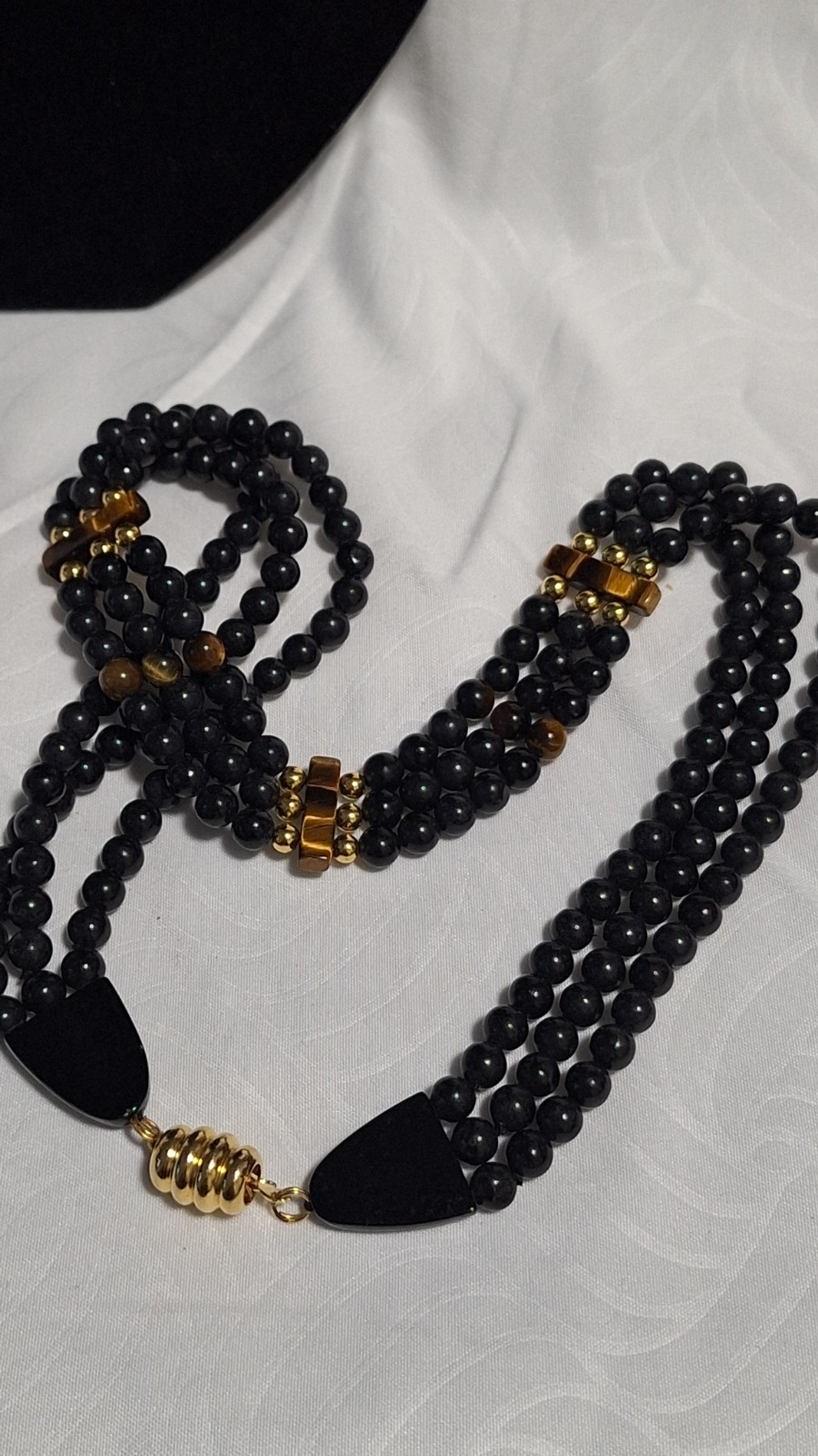 Black Glass Beaded Multi-Strand Statement Necklace Gold Tone Lobster Clasp