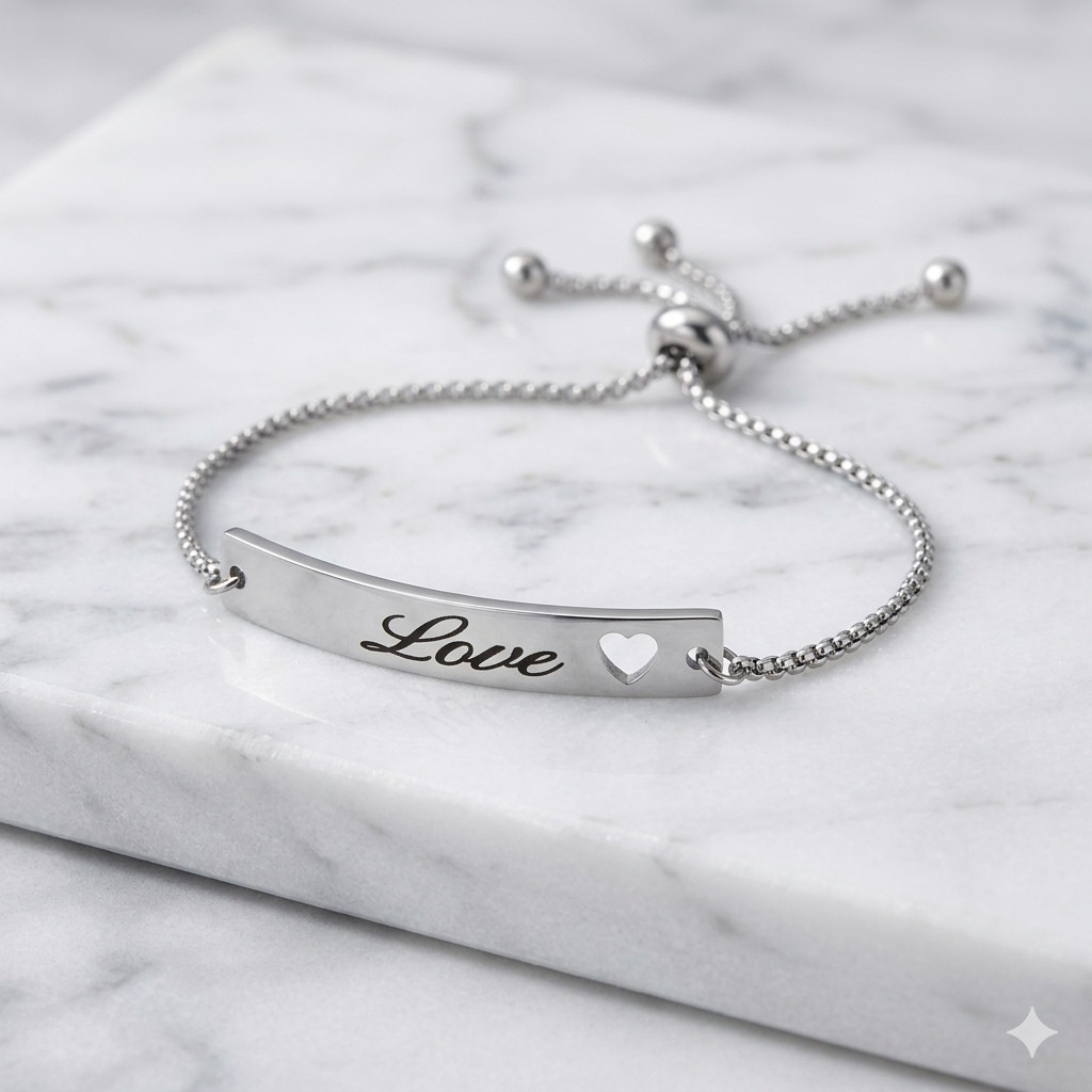 Stainless Steel Adjustable Curved Cutout Heart Bar ID Bracelet LOVE