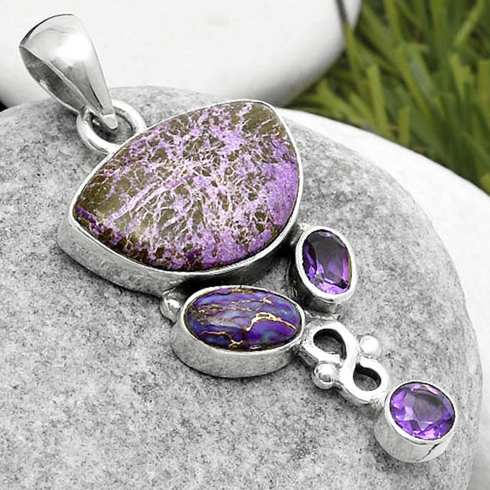 Purpurite, Copper Purple Turquoise & Amethyst 925 Silver Pendant Jewelry P-1602
