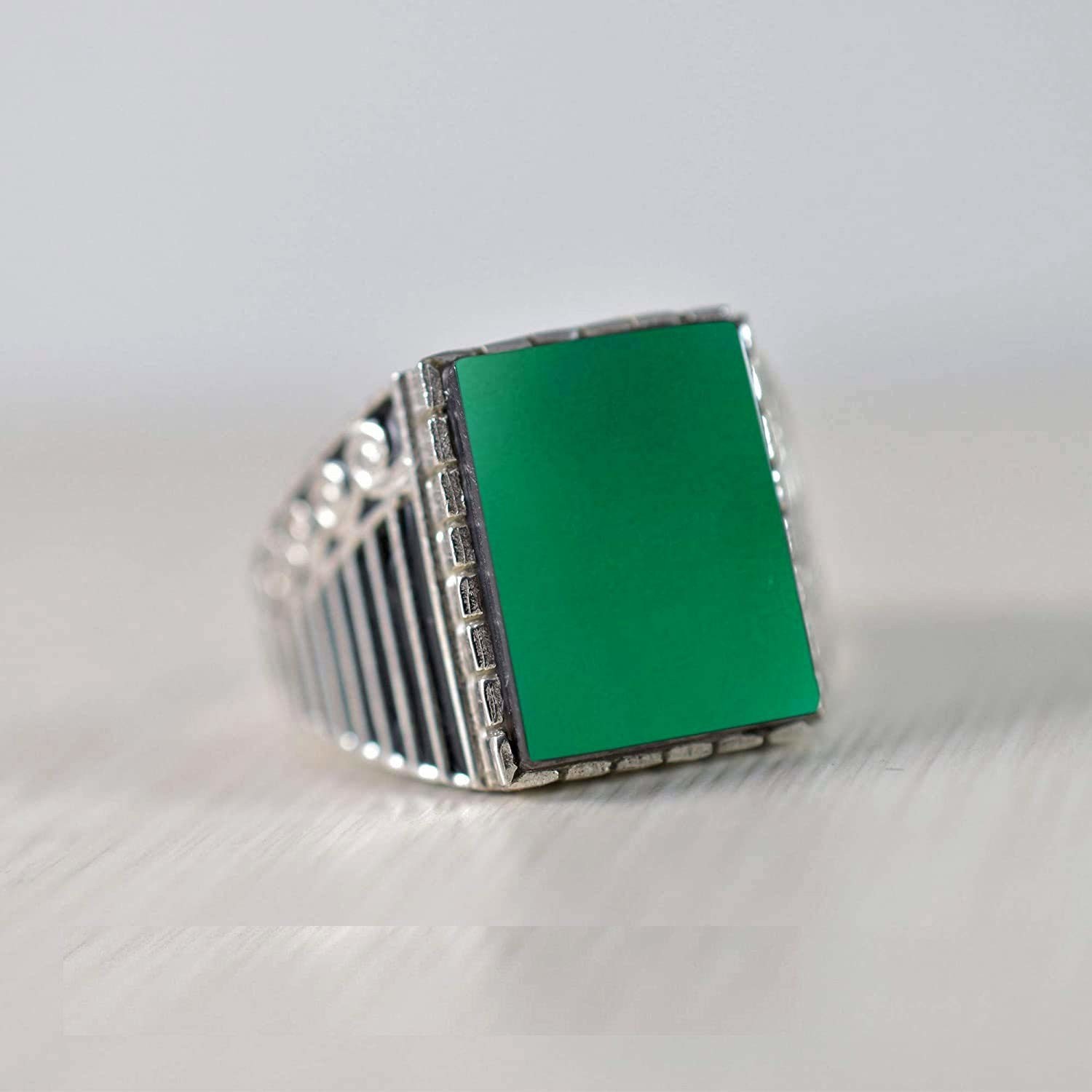 Solid 925 Sterling Silver Natural Green Onyx Gemstone Signet Men’s Unisex Ring
