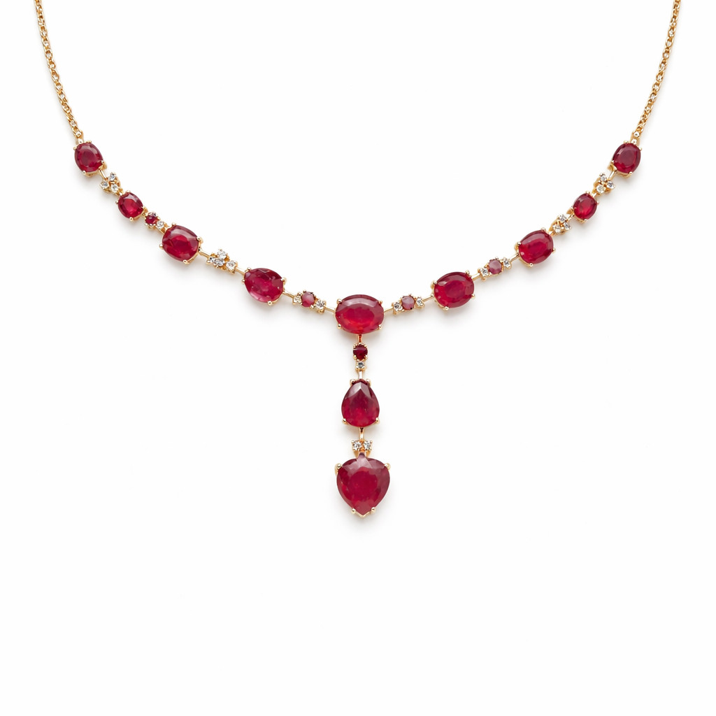 Thai Handmade 13 x 15 mm. Red Ruby White Zircon Necklace 17.0 in