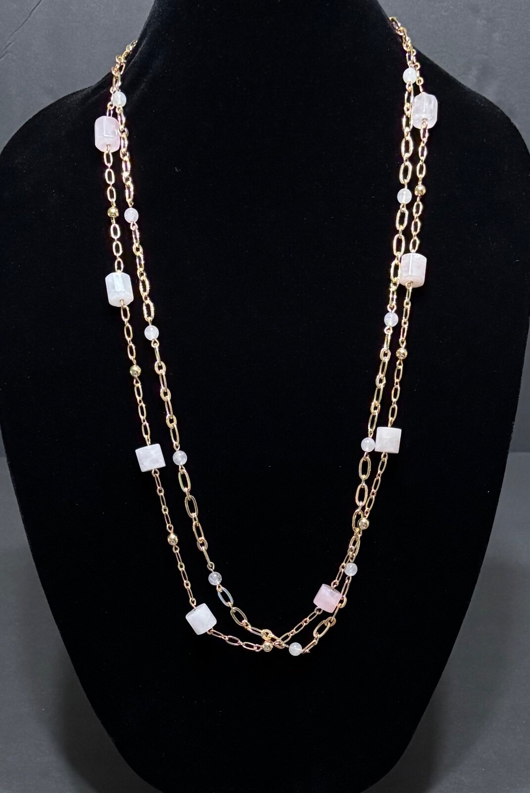 Talbots Pink Rose Quartz Station Necklace Two Strand Gold Tone Approx 30 Inches