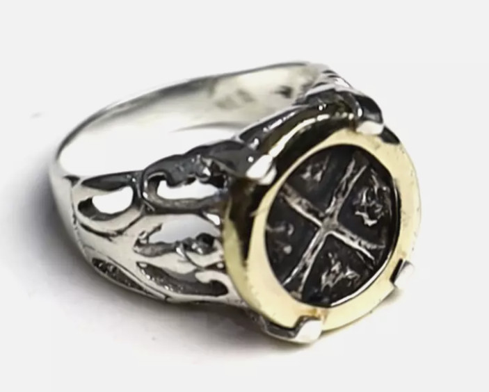 ATOCHA SPAIN COLONIAL PIRATE SHIP WRECK COIN .925 STERLING SILVER RING #7 free
