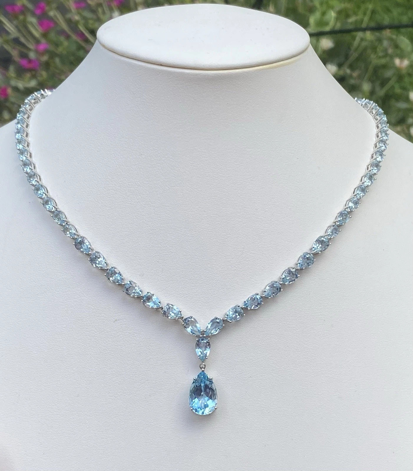 30ctw Pear Cut Sky Blue Topaz Statement 16″ Tennis Necklace White Gold Plated