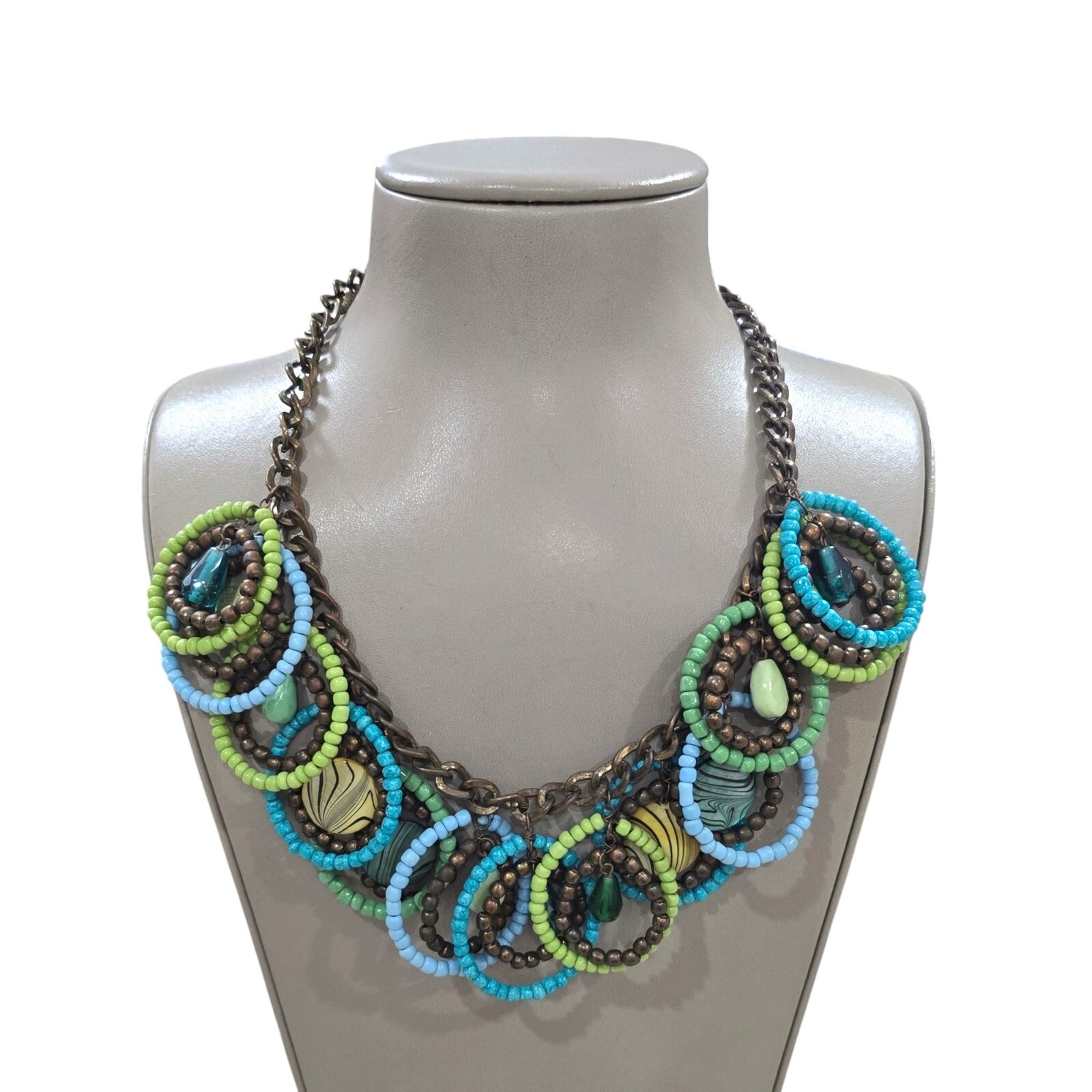 Stephan & Co Trendy Brass Plated Dark Metal Green Blue Statement Necklace NWT
