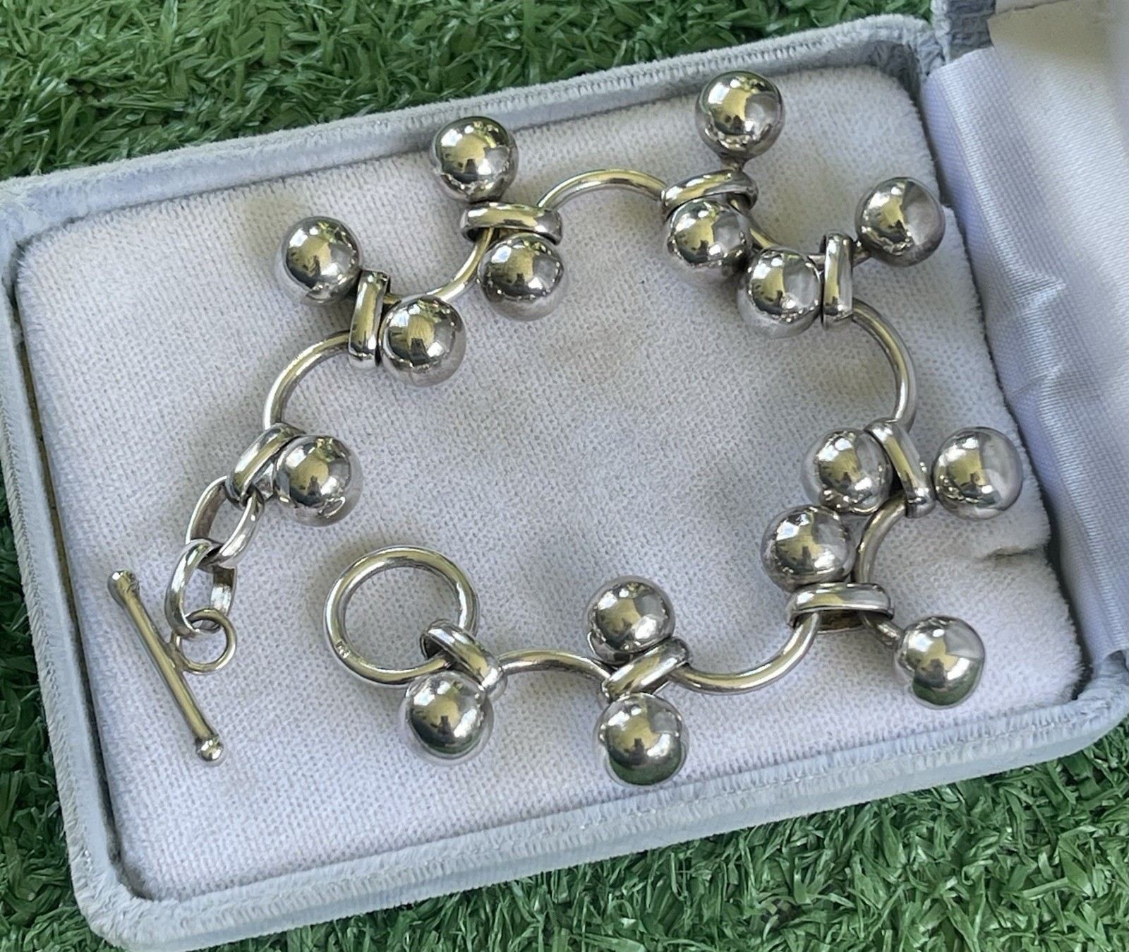 Vtg Marked 925 Sterling Silver DNA Vine Cha Cha Beads Toggle Clasp Bracelet 7.5”